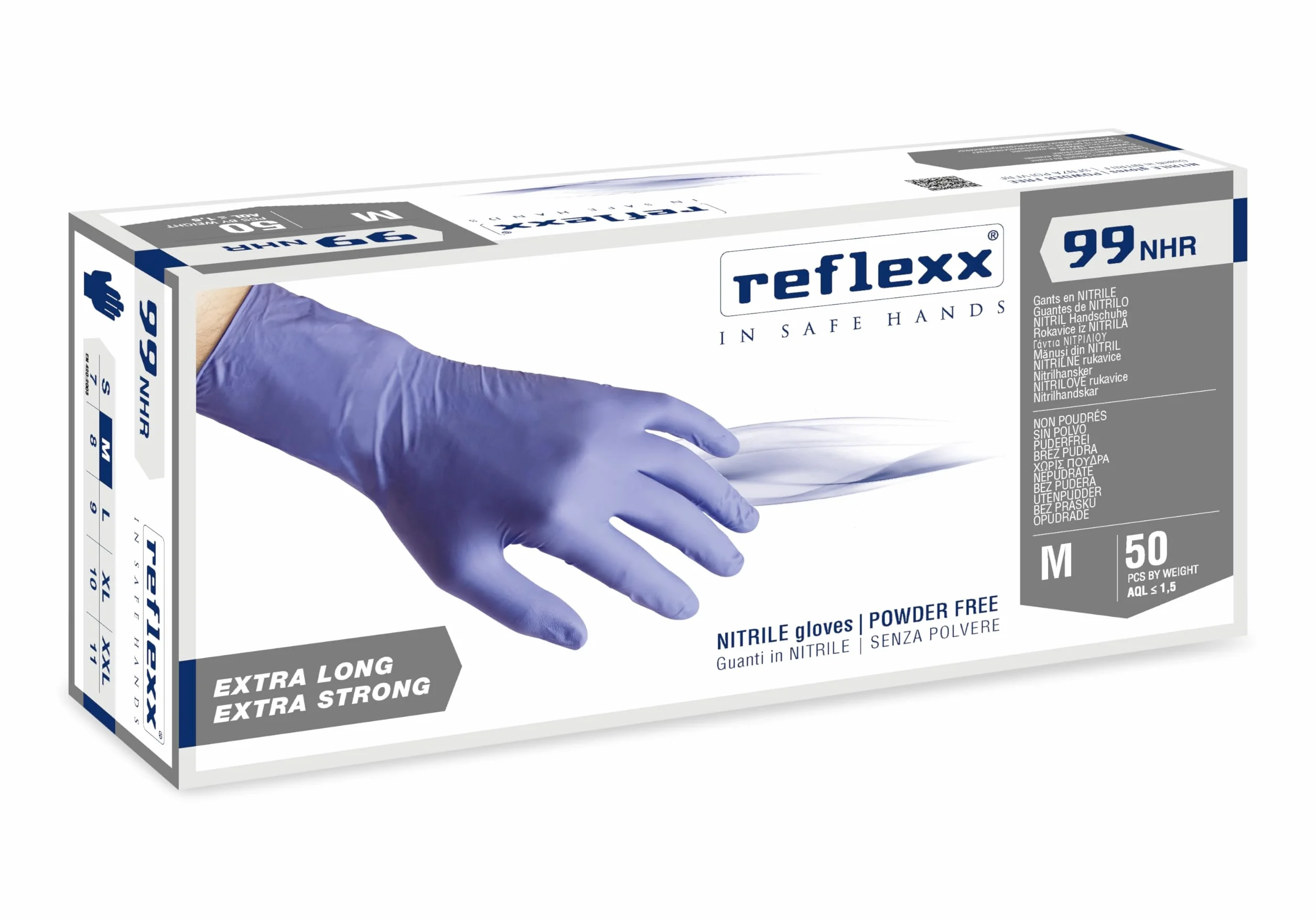 Reflexx R99/M "HIRISK", rękawice nitrylowe o wysokiej odporności bez proszku Gr 8,9, rozmiar M, niebieskie (50 sztuk)