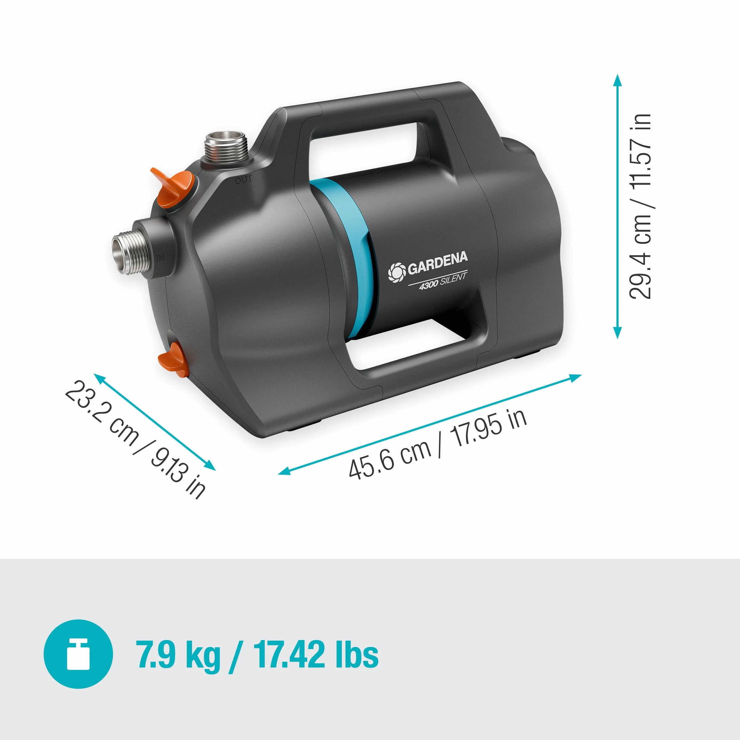 Gardena pompa ogrodowa 4300 Silent: Cicha pompa nawadniająca z innowacyjną obudową, tłoczenie 4300 l/h, silnik 650 W, podwójny system uszczelek, energooszcz. i wodotrwała (9056-20)