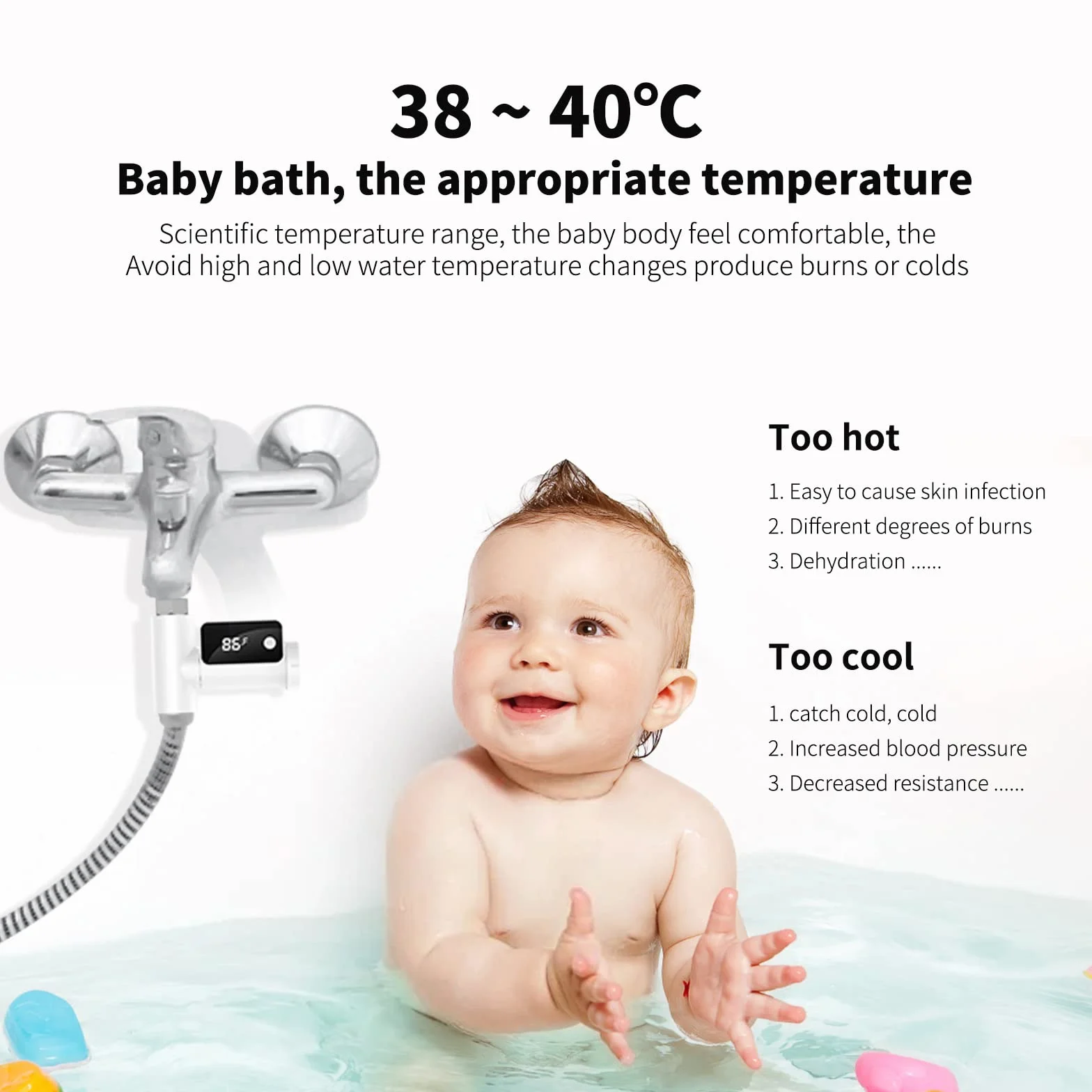 Cyfrowy termometr prysznicowy LED, monitor temperatury przepływu wody z obrotowym wyświetlaczem 360°,Wyświetlanie temperatury od 5 do 85 ° C, Przyjazny dla dzieci i zwierząt domowych