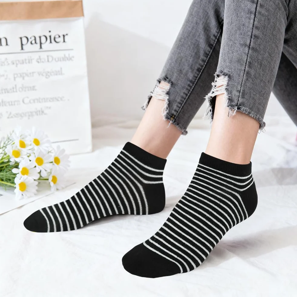 DiULi Krótkie skarpety sportowe, damskie, 10/12 par skarpet do sneakersów z paskami i kropkami, bawełna 39-42, 35-38, krótkie, zabawne skarpety, bawełniane, oddychające, wygodne, swobodne