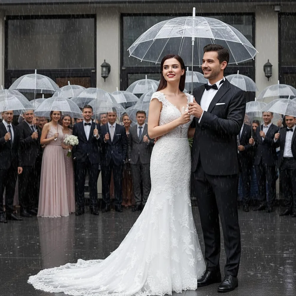 Przezroczysty parasol przeciwdeszczowy automatyczny J Hook dla dorosłych na wesele