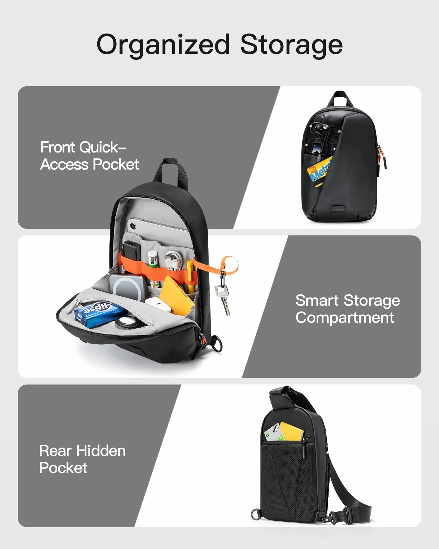 Inateck Sling Bag X-Row, lekka męska torba na ramię, odporna na zachlapanie wodą, torba na klatkę piersiową, na wędrówki, podróże, spacery, czarny, 18.5 x 7 x 28.5 cm, Minimalistyczny