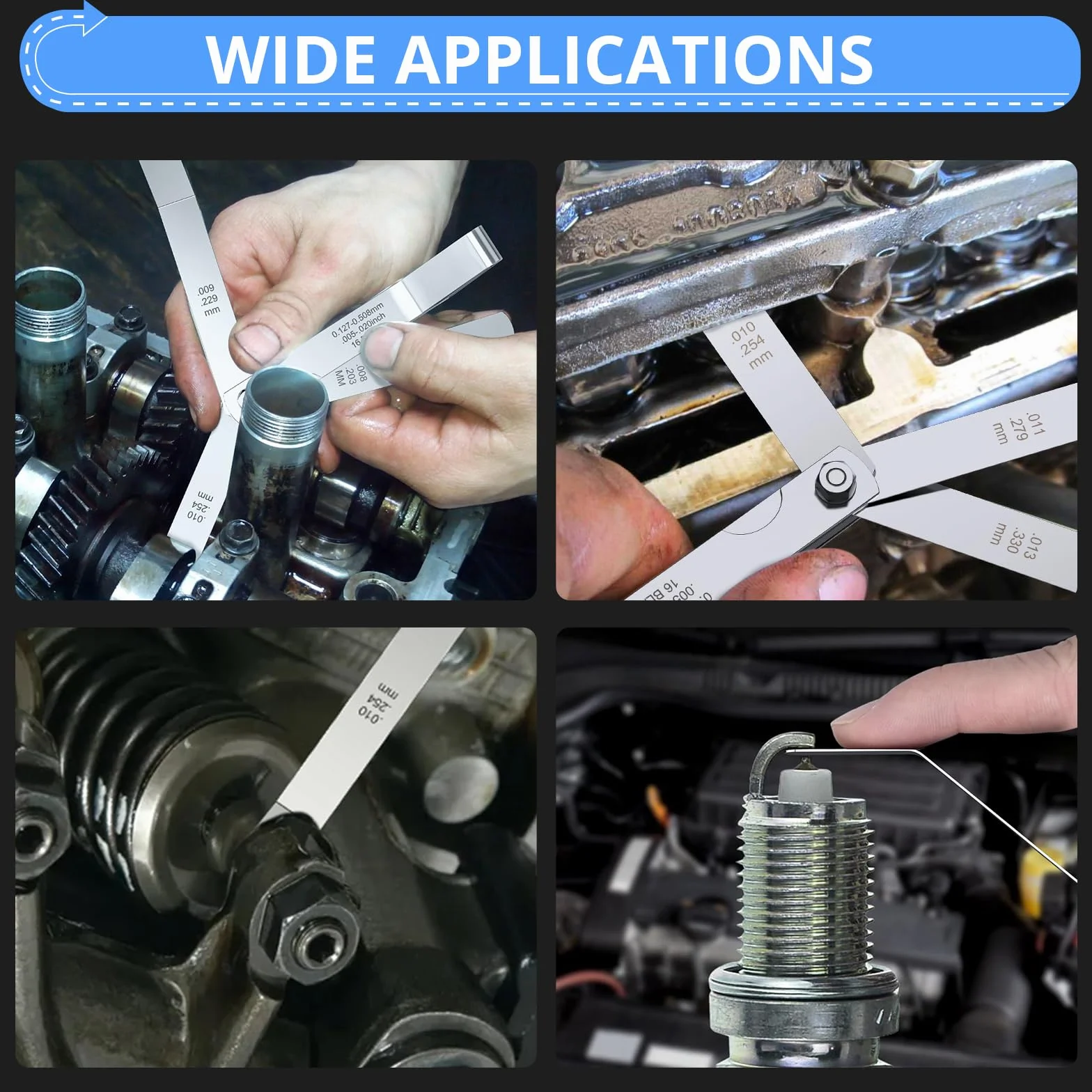 CAMWAY Szczelinomierz zestaw, 16 sztuk, stal nierdzewna 45º, wygięte szczelinomierz, linijka, narzędzie do regulacji zaworów, wysoce precyzyjne ostrza ze stali nierdzewnej do pomiaru szerokości i