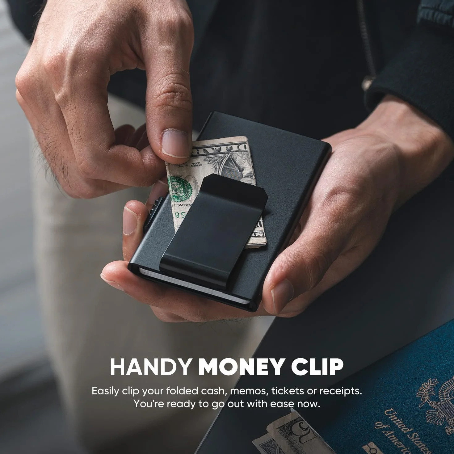 VULKIT Etui na karty dla mężczyzn, etui na karty kredytowe, RFID, blokowanie pop-up, etui na karty, minimalistyczny portfel, smukły portfel RFID, Czarny z klamrą do pieniędzy, Einheitsgröße