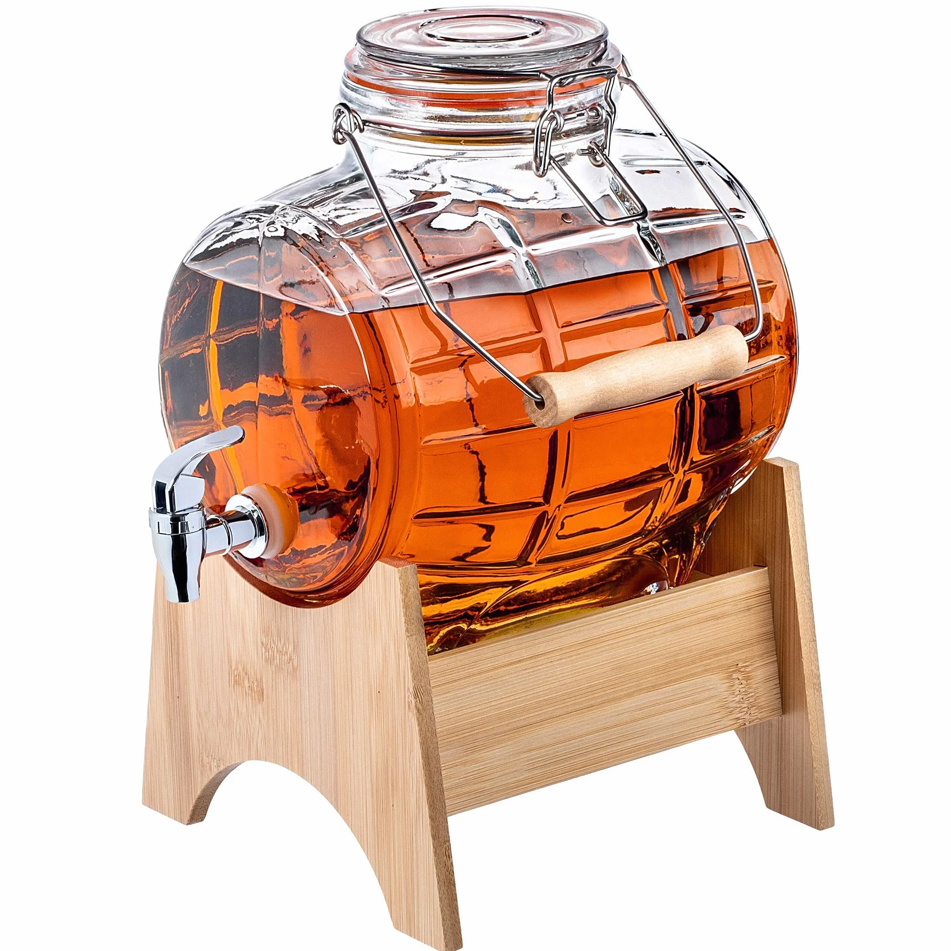 KADAX Beczka 5 l z kranikiem, dozownik do napojów ze szkła, beczka z kranikiem, przezroczysty dozownik z drewnianą podstawką, dozownik alkoholu, idealny do whisky, brandy, soków (model 1)