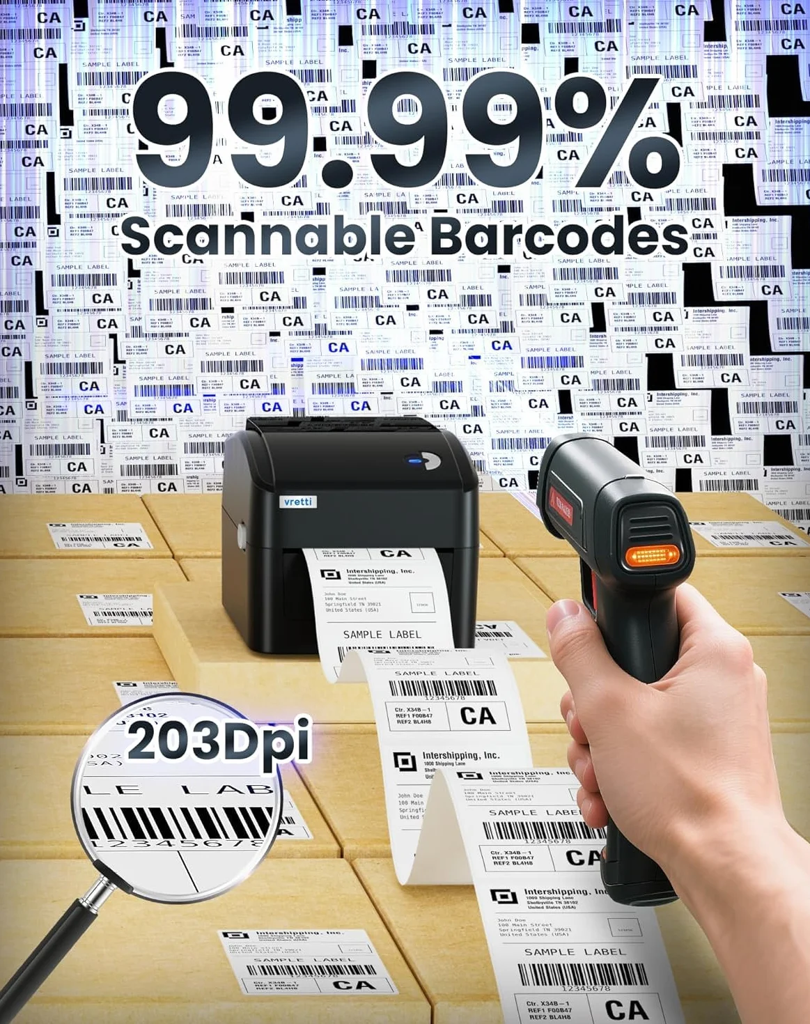 vretti Drukarka etykiet Bluetooth, drukarka termiczna DHL 4 x 6 | 99,99% bezpieczeństwa skanowania | 3 x dłuższa żywotność głowicy drukującej | bez tonera i 70% oszczędności kosztów