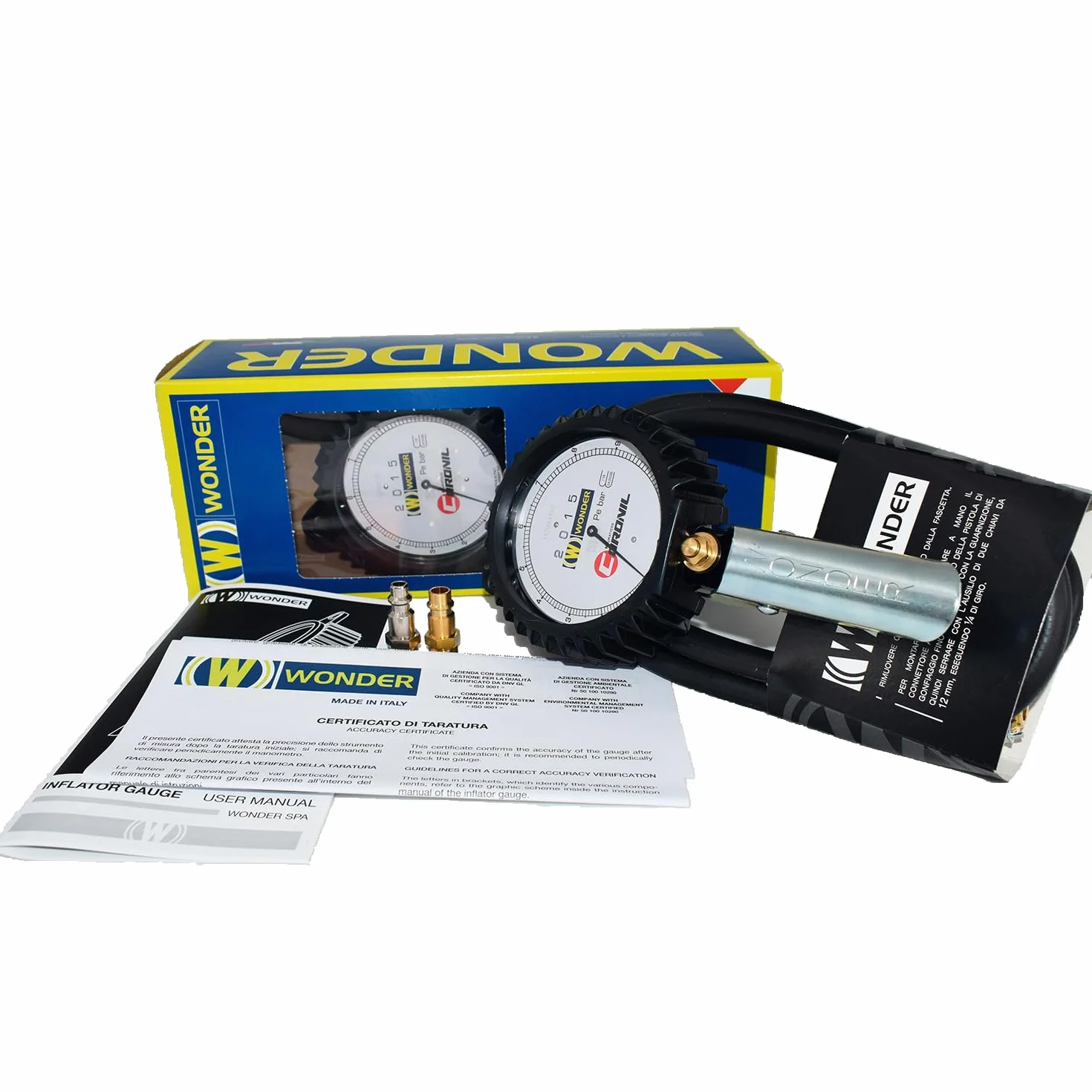 Manometr ciśnienia w oponach Eurodainu 2015 model Coronil z szybkimi złączami. 0,7-11 BAR, tarcza 80mm i rura 150 cm