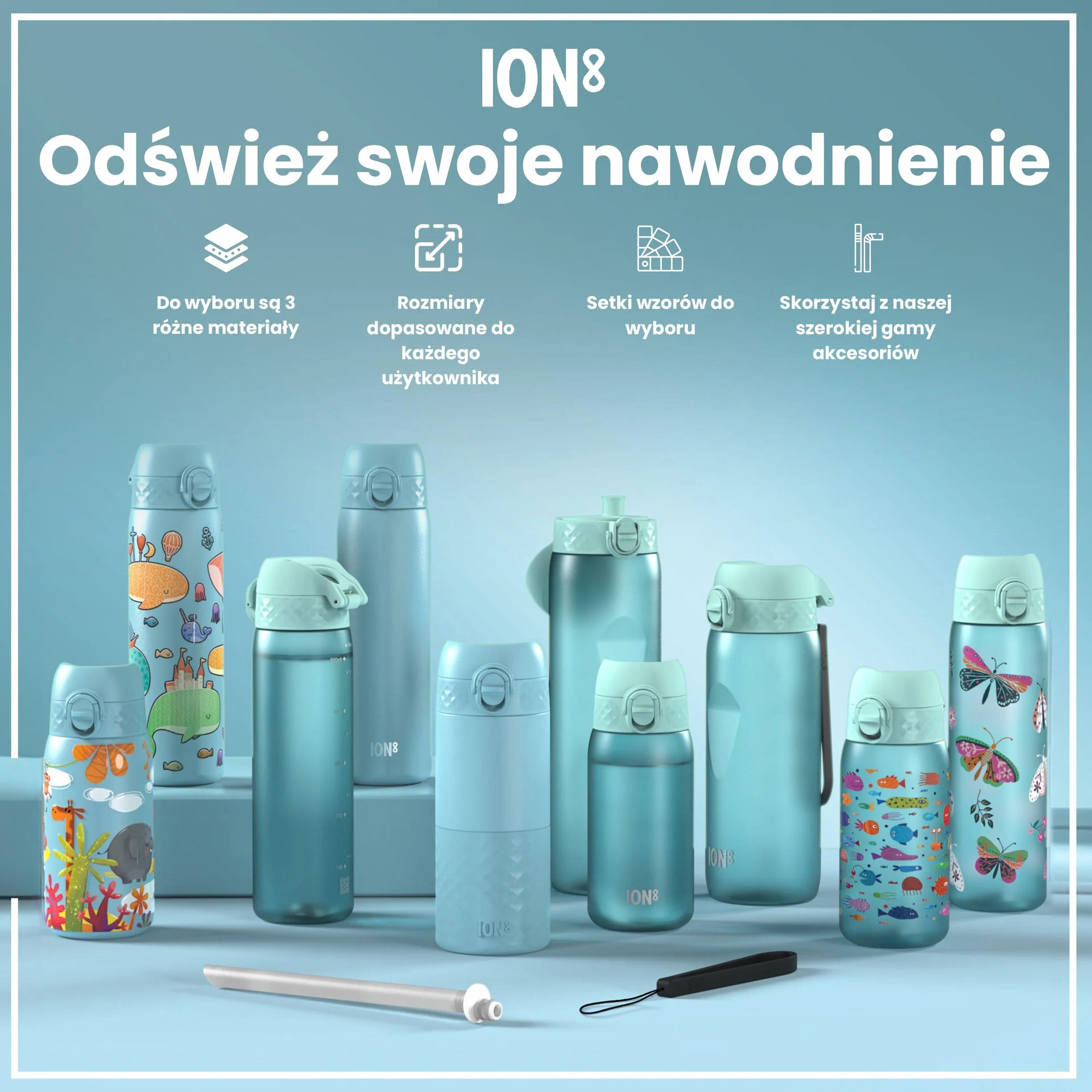 ION8 Butelka dla Dzieci, 350 ml/12 oz, Szczelna, Łatwa do Otwarcia, Bezpieczny Zamek, Można Myć w Zmywarce, Bez BPA, Uchwyt do Przenoszenia, Łatwa do Czyszczenia, Bezwonny, Wolna Ryba