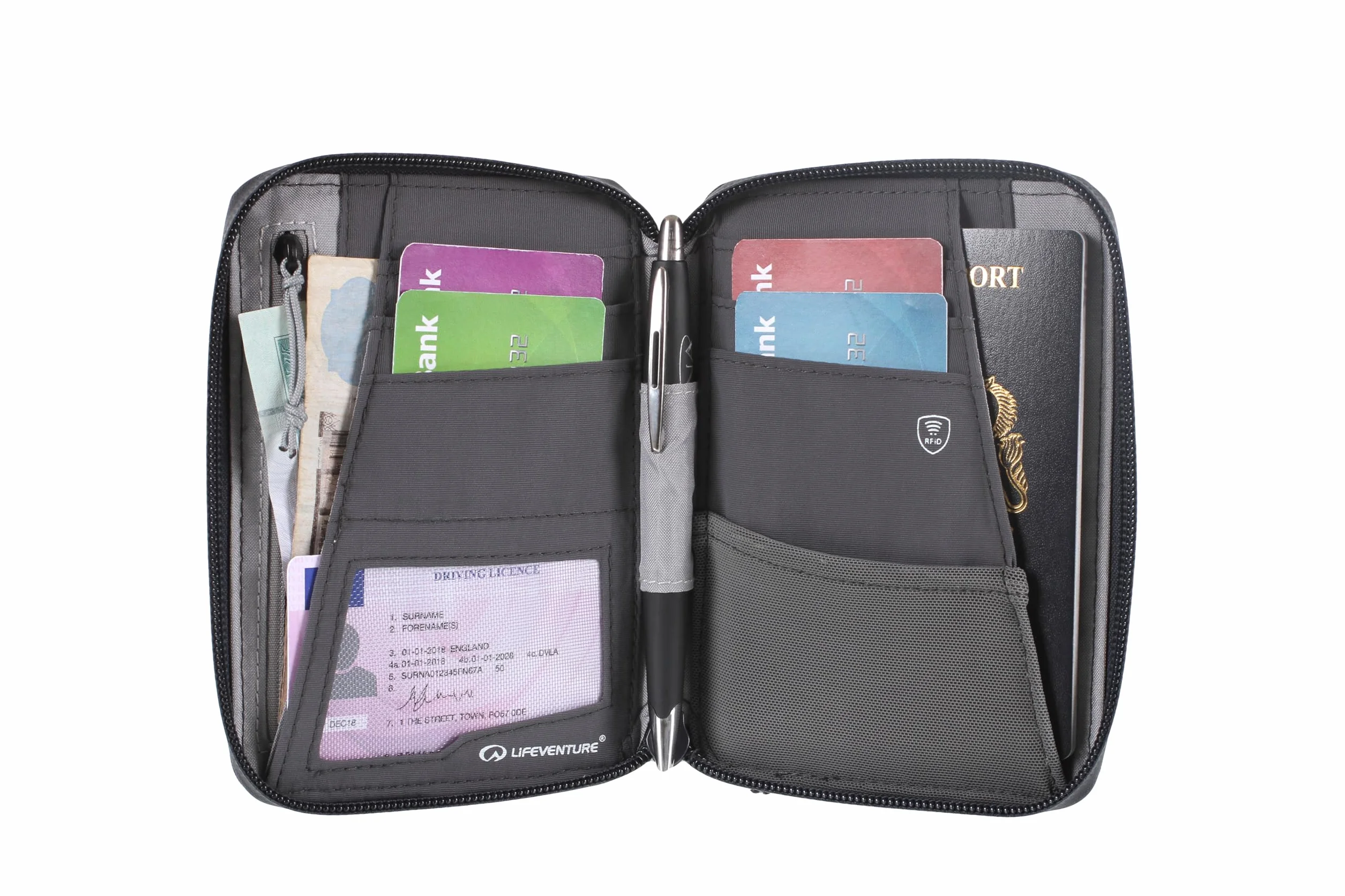Lifeventure Portmonetka podróżna mini RFiD Bifold portfel zamek błyskawiczny uchwyt na paszport