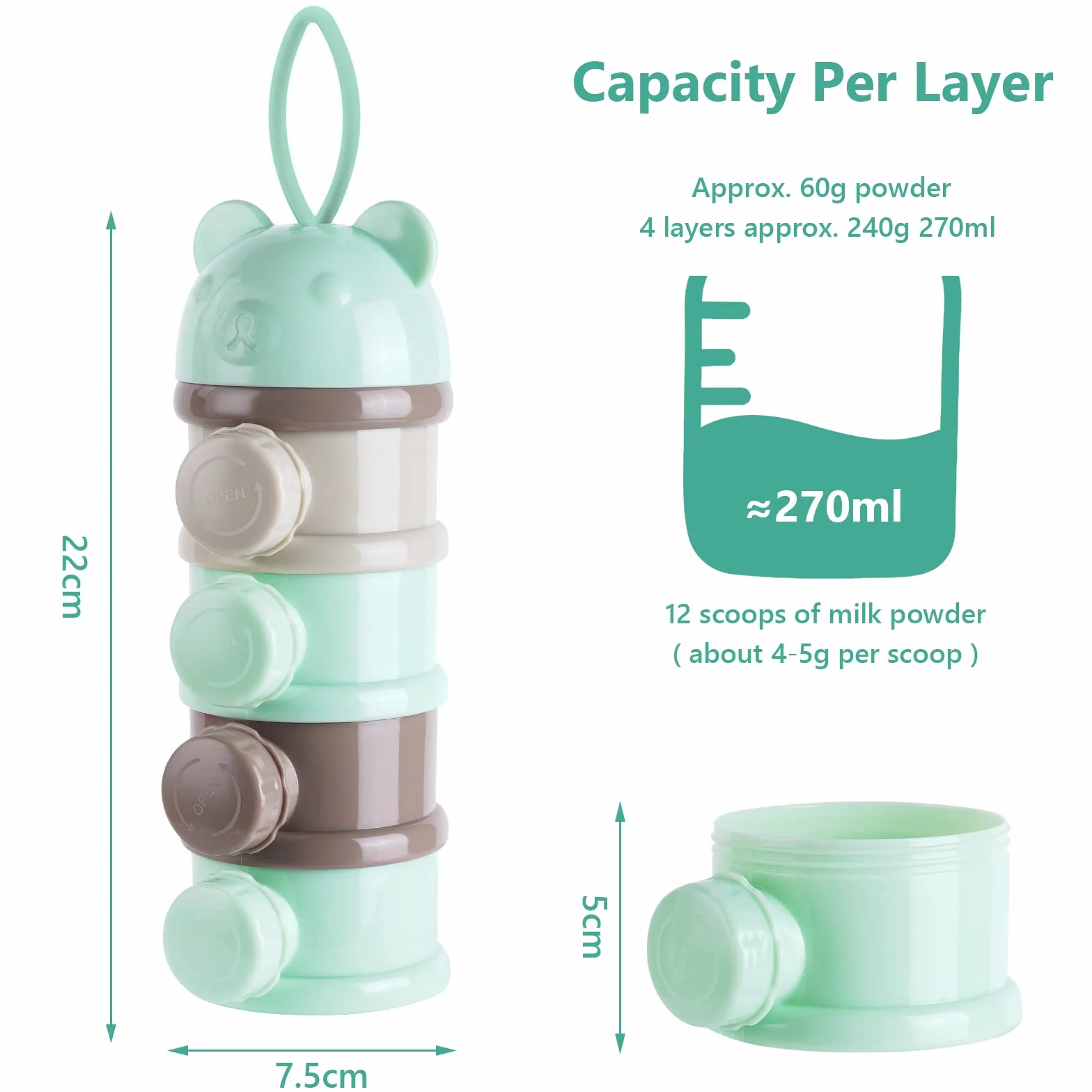 Vicloon Dozownik mleka w proszku dla niemowląt, przenośny 4 warstwy 270 ml na warstwę, przegródki Twist-Lock, pojemnik do przechowywania dla dzieci do układania w stos, dozownik mleka w proszku i