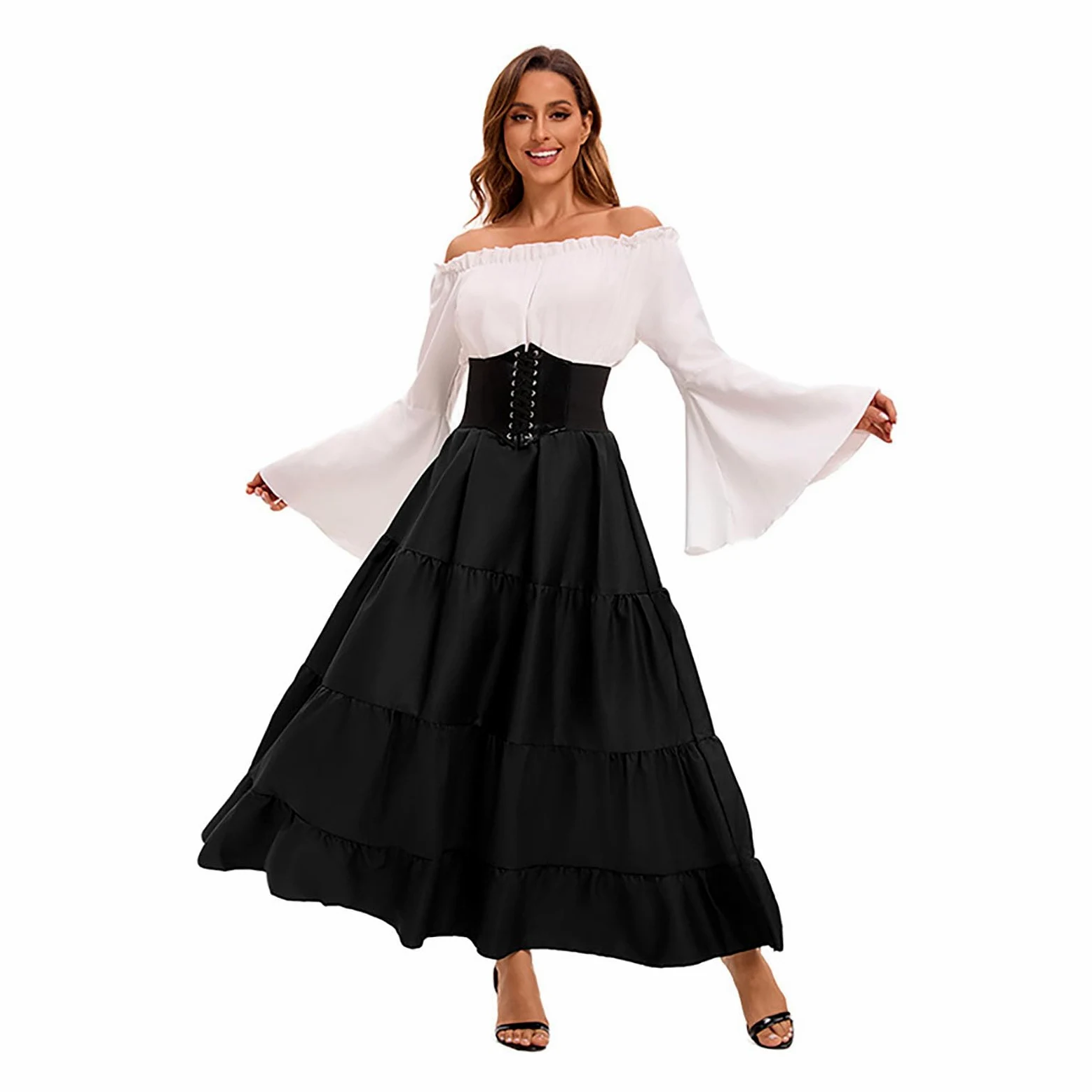 Damska sukienka z odkrytymi ramionami, renesansowa, średniowieczna sukienka, kostium wiktoriańskiej królowej, gotycki, retro, sukienka maxi, karnawał, Halloween, imprezę, kostium