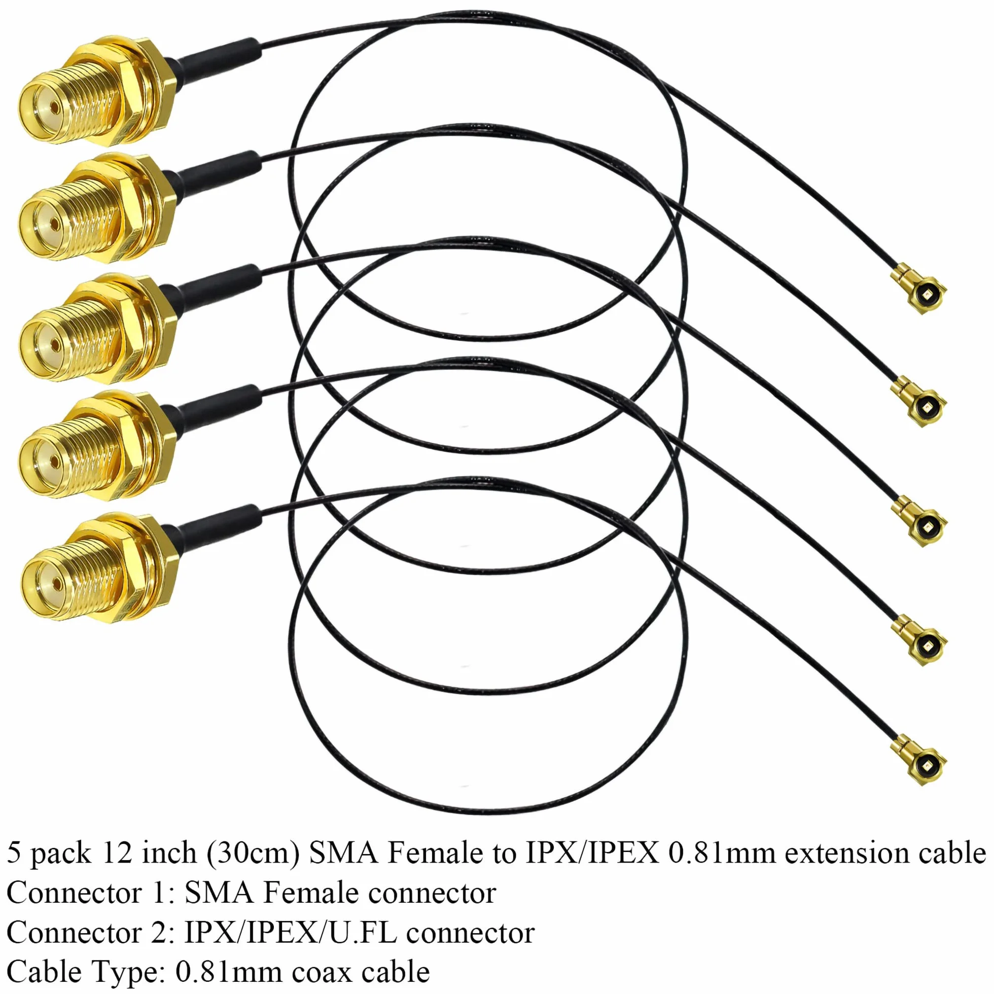 TUOLNK Gniazdo SMA na U.fl IPX kabel koncentryczny gniazdo SMA gniazdo Bulkhead na UFL MHF4 Pigtail WiFi przedłużacz anteny 0,81 mm IPX Pigtail kabel koncentryczny 12 cali (30 cm) 5 sztuk
