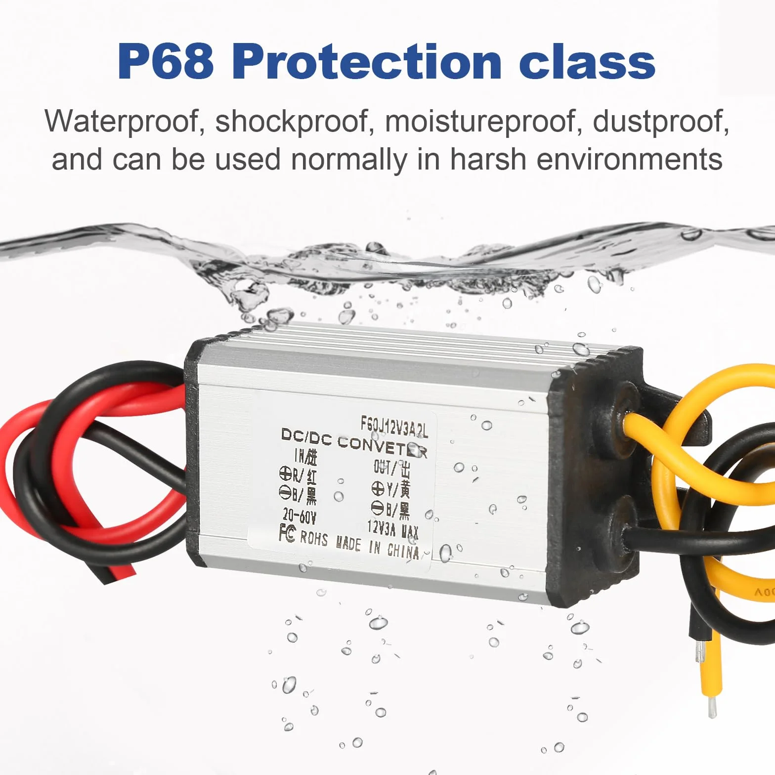 Jadeshay Regulator napięcia 12V, konwerter DC-DC 24/36/48V do 12V 3A, IP68, Szary