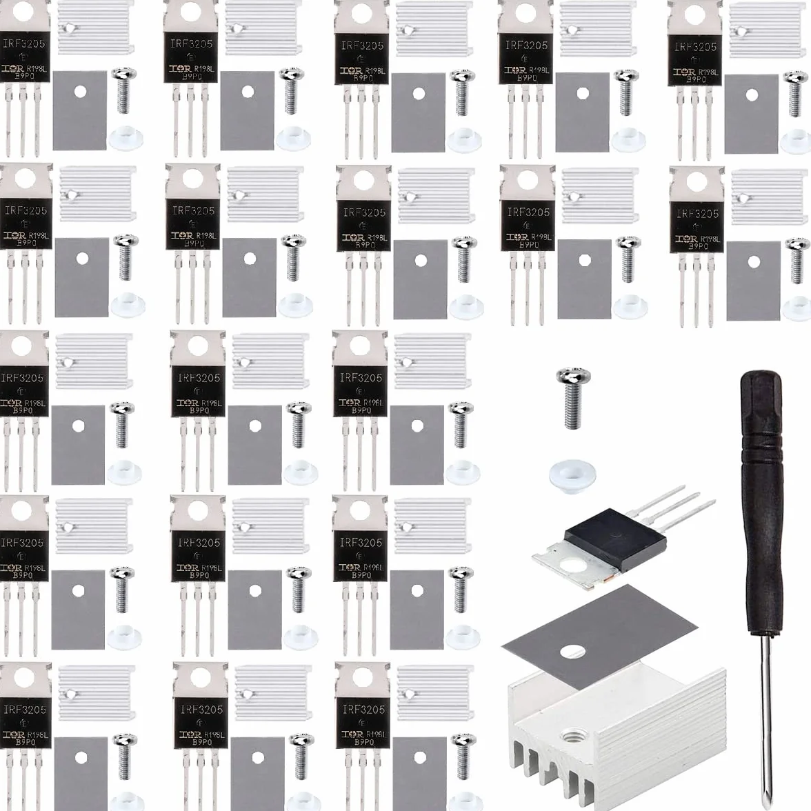 20 sztuk IRF3205 3205 tranzystor Mosfete, kanał N 110 A, 55 V, MOSFET TO-220AB z radiatorem, śrubokręt gumowo-silikonowy dla majsterkowiczów