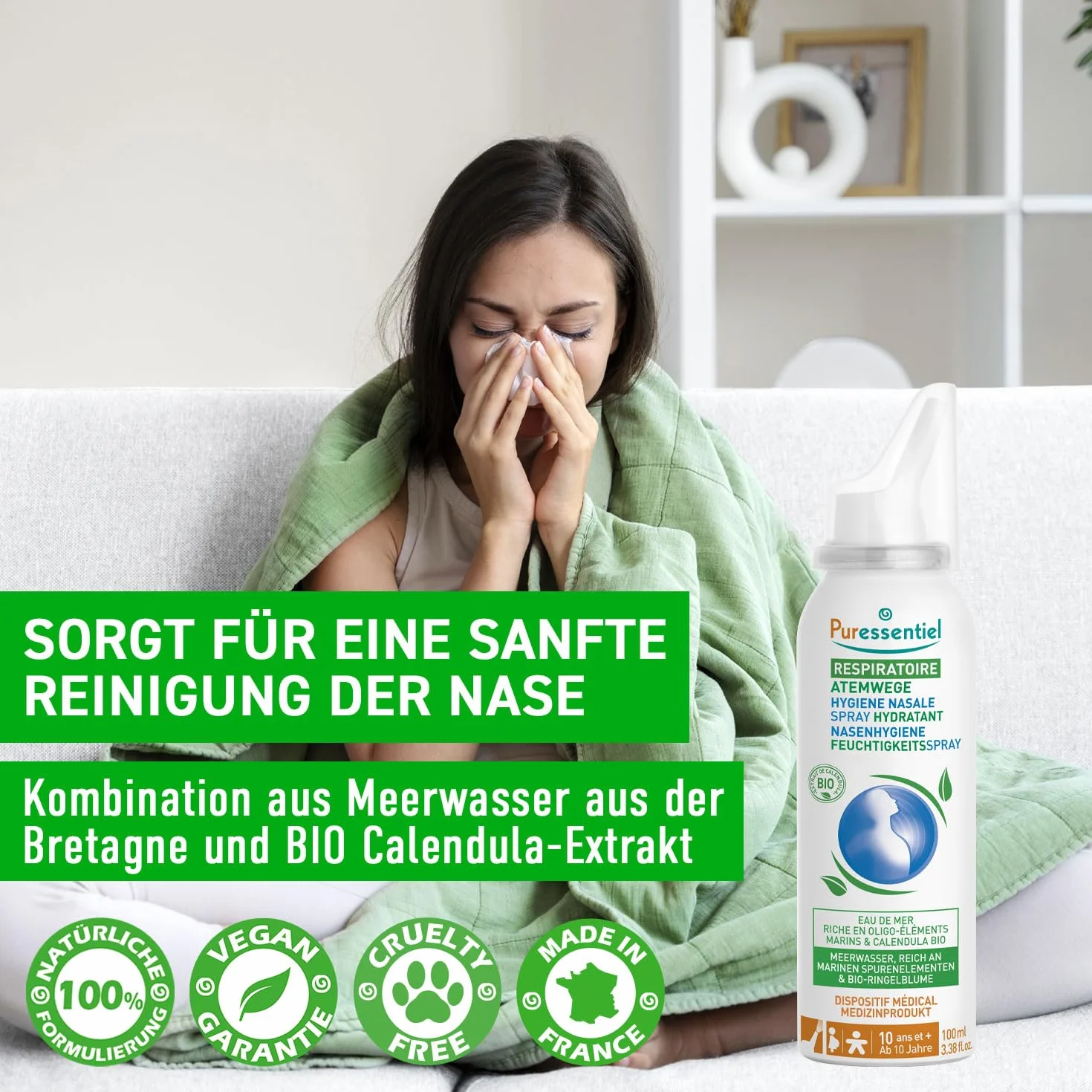 Puressentiel Nawilżający spray do higieny układu oddechowego – oczyszcza jamy nosowe – roztwór izotoniczny – idealny do suchych, wrażliwych i podrażnionych nosów – woda morska i organiczny nagietek