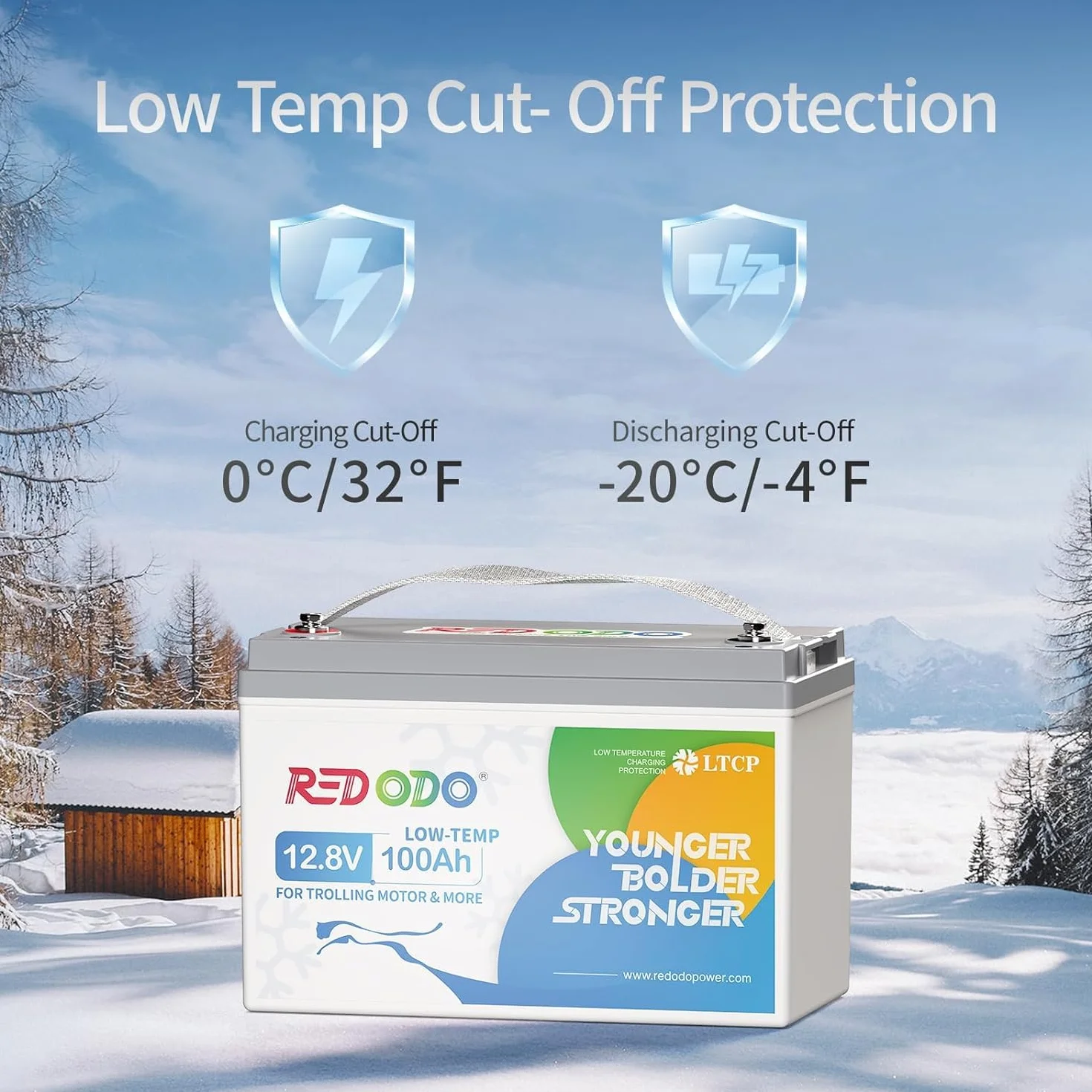 Redodo Akumulator 12V 100Ah LiFePO4 Low Temp Cutoff z BMS 100A, akumulator litowy do 4000 głębokich cykli, idealny do silnika trollingowego, morskiego, ryb, łodzi, kampera, energii słonecznej