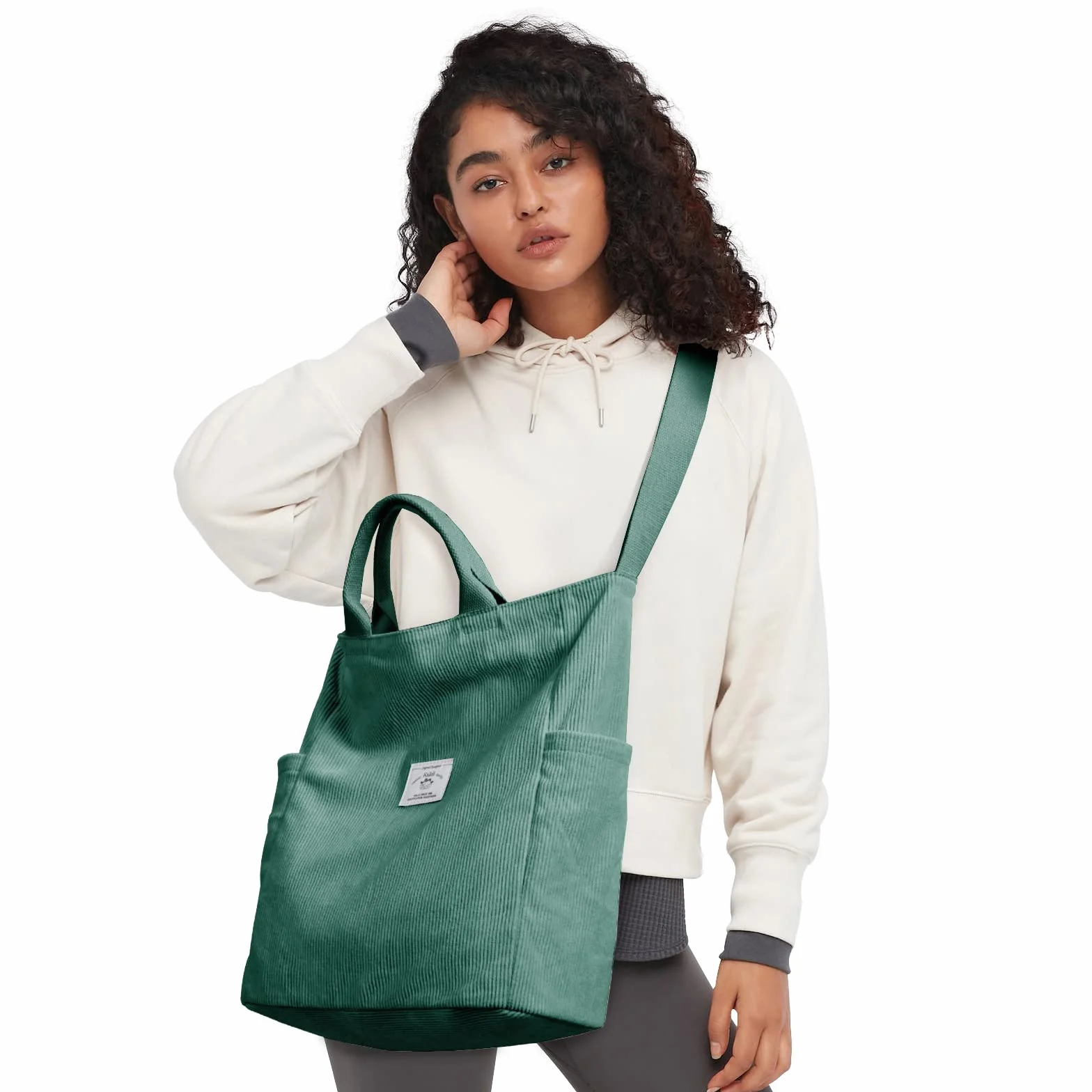 KALIDI Sztruksowa torba hobo, tote, torebka crossbody, duża pojemność, na ramię, z zamkiem błyskawicznym, dla kobiet, dziewcząt, do szkoły, na uczelnię i zakupy, do pracy, Jasnozielony, Large