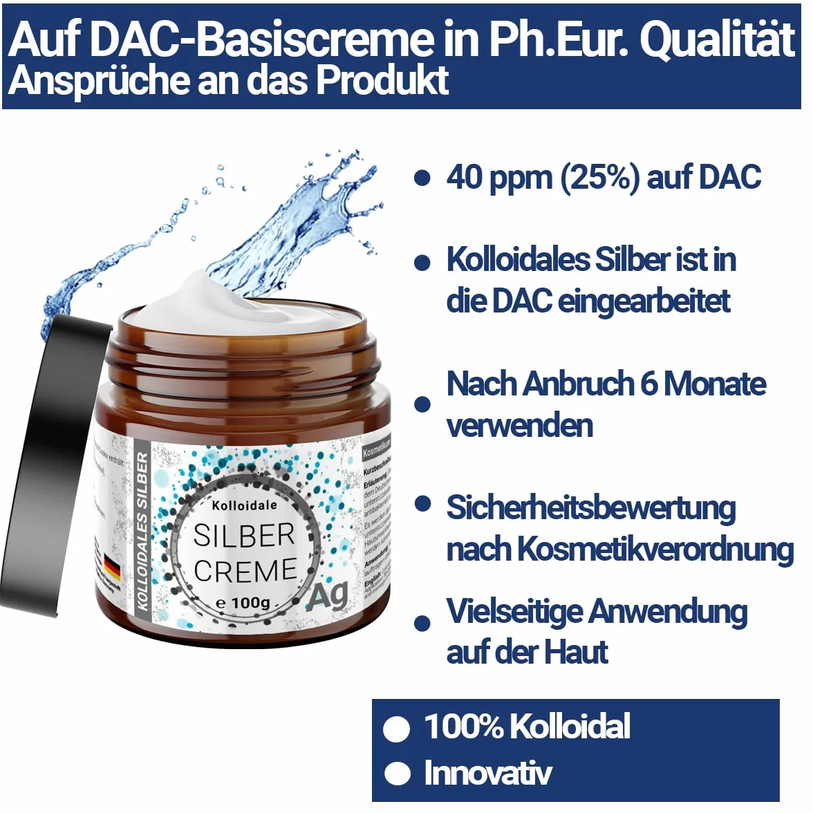 1 x 100 g koloidalny srebrny krem 40 ppm (25%) w szklanym tygielku, 100% koloidalny i stabilny – bardzo skuteczny DAC/koloidalny srebrny krem – kosmetyk