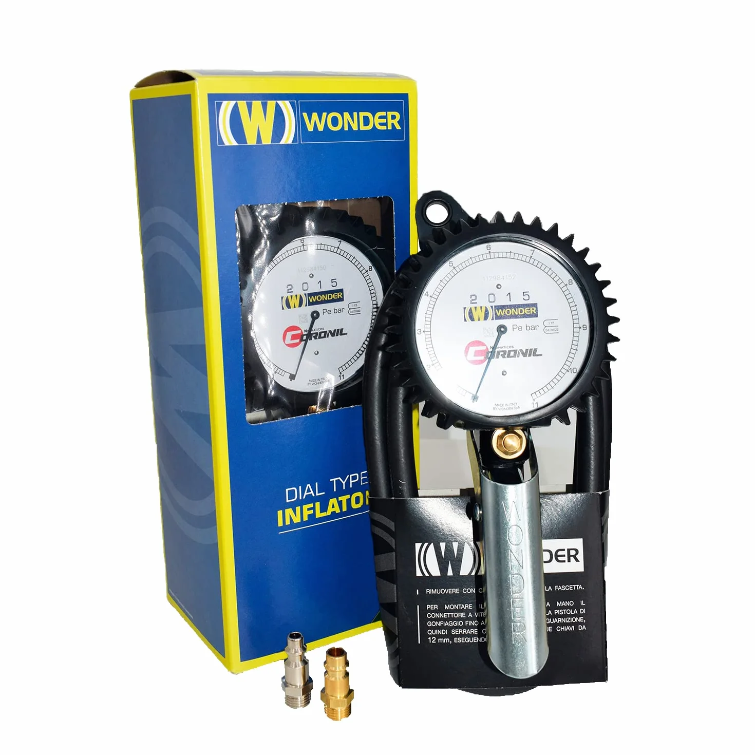 Manometr ciśnienia w oponach Eurodainu 2015 model Coronil z szybkimi złączami. 0,7-11 BAR, tarcza 80mm i rura 150 cm