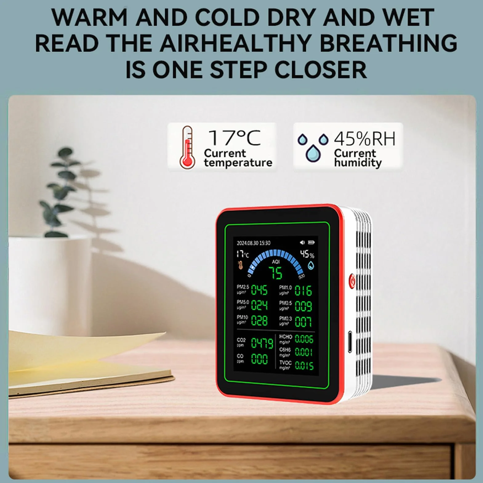 Miernik Jakości Powietrza 18 w 1 CO2 TVOC HCHO PM2.5 PM10 Temp Wilgotność Detekcja Tester Wewnątrz Zasilanie Bateryjne Przechowywanie Danych Wyświetlacz LCD Do Domu Biuro