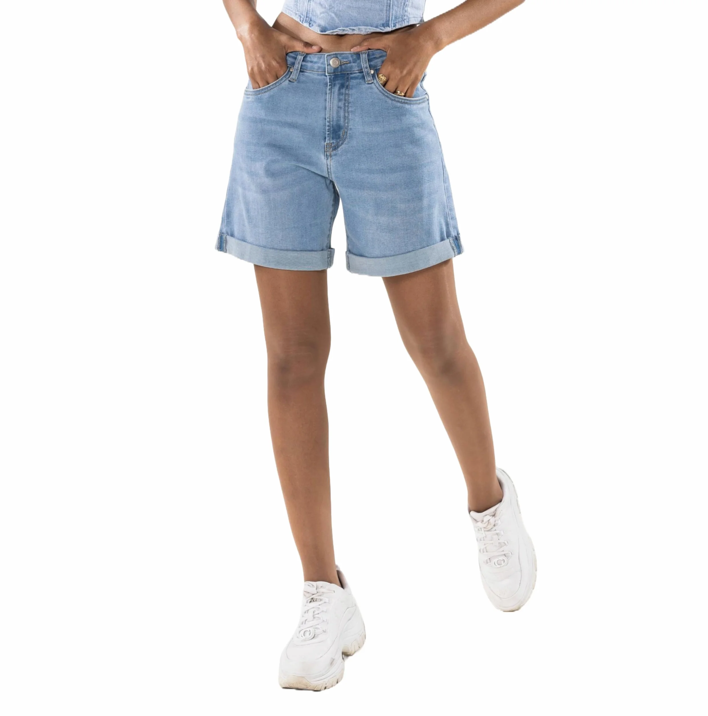Nina Carter P208 damskie szorty jeansowe z wysokim stanem, styl used look, na uda, denim, letnie szorty