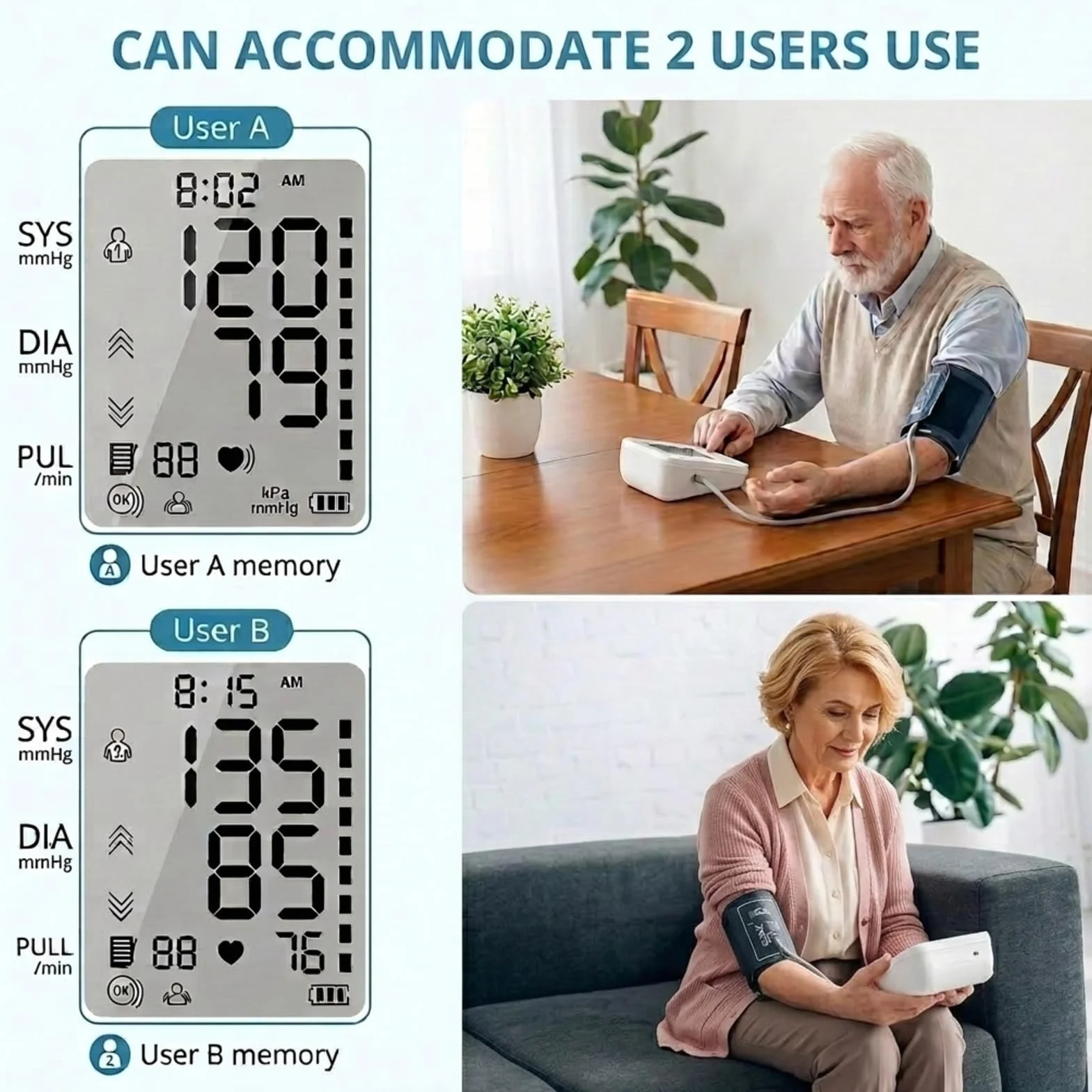 Cyfrowy ciśnieniomierz z ramieniem Pamięć 2x99 Użytkowników Miernik ciśnienia krwi z wyświetlaczem LCD Regulowana opaska 22-42 cm Dwa tryby zasilania przewodowego typu C do domu