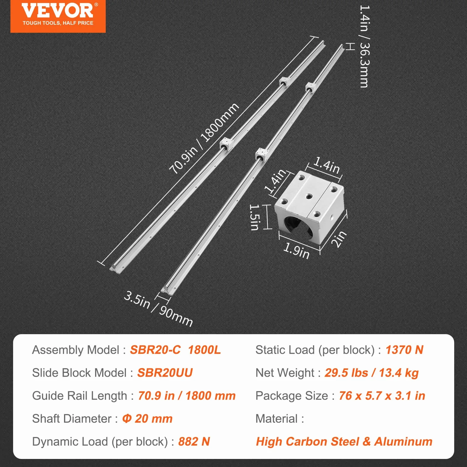 VEVOR SBR20 Szyny liniowe 1800 mm 2 szt. Szyna liniowa 1800 m 4 SZTUK blok łożyska SBR20UU Zestaw ślizgowy łożyska liniowego do automatycznych maszyn CNC frezarki tokarki drukarka 3D