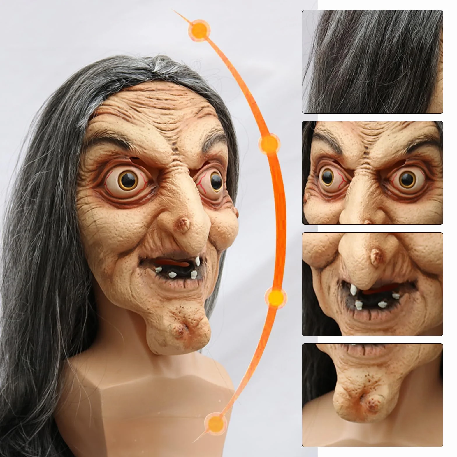 Maska czarownicy na Halloween, lateksowa, realistyczna, z długimi włosami