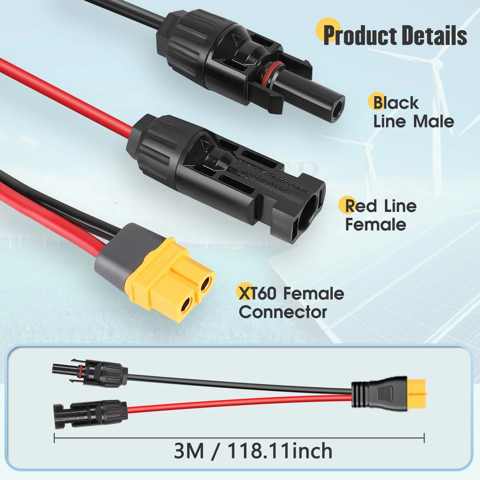 Thlevel Solarny kabel do ładowania z wtyczką solarną na XT60, 300 cm, 12 AWG, kabel adapterowy, panel słoneczny, kabel do generatora solarnego, baterii, przenośna stacja zasilania