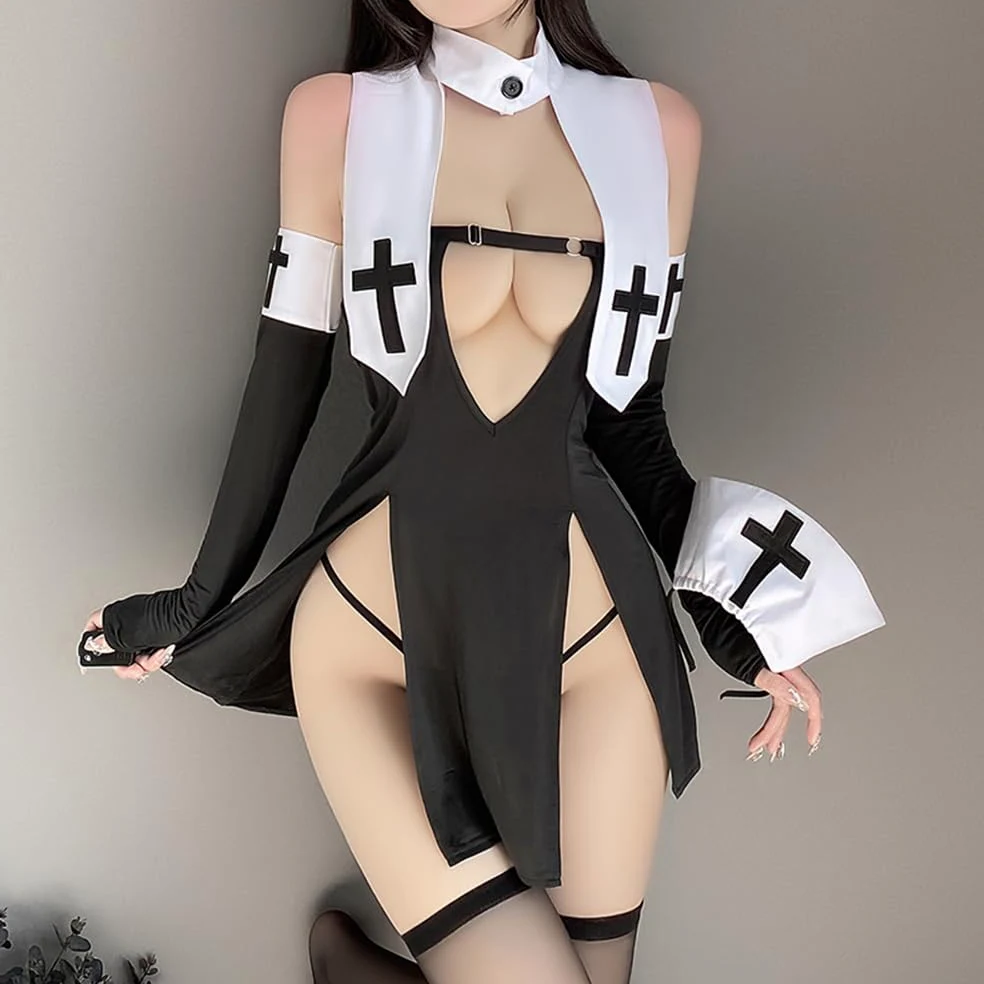 Damska bielizna cosplay zakonnica psotna anime pokojówka wysoka rozcięcie seksowna sukienka
