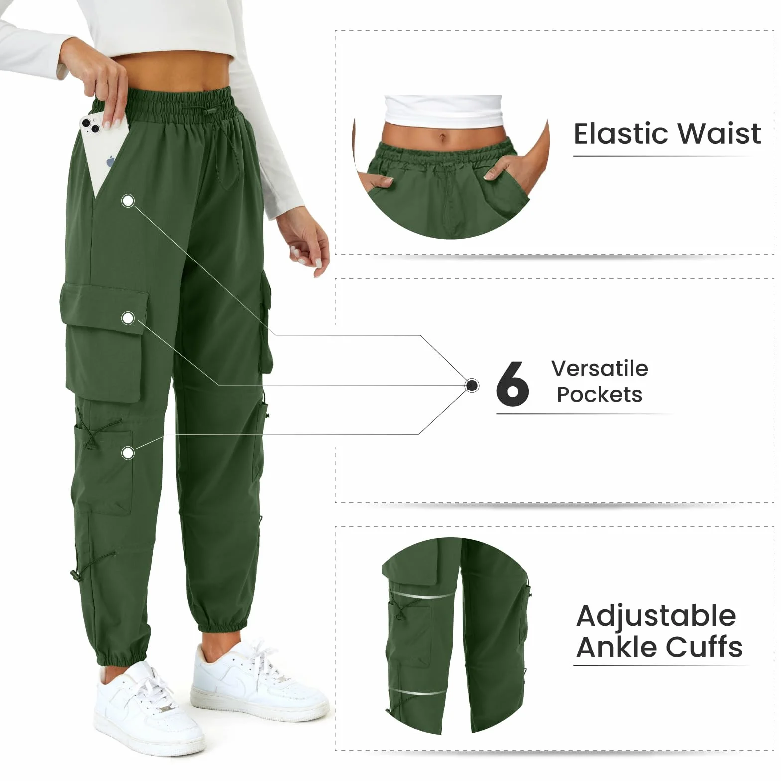 Friptspyg Spodnie cargo damskie lekkie spodnie trekkingowe z kieszeniami wodoodporne spodnie do wędrówek w pasie outdoorowe sportowe spodnie do biegania