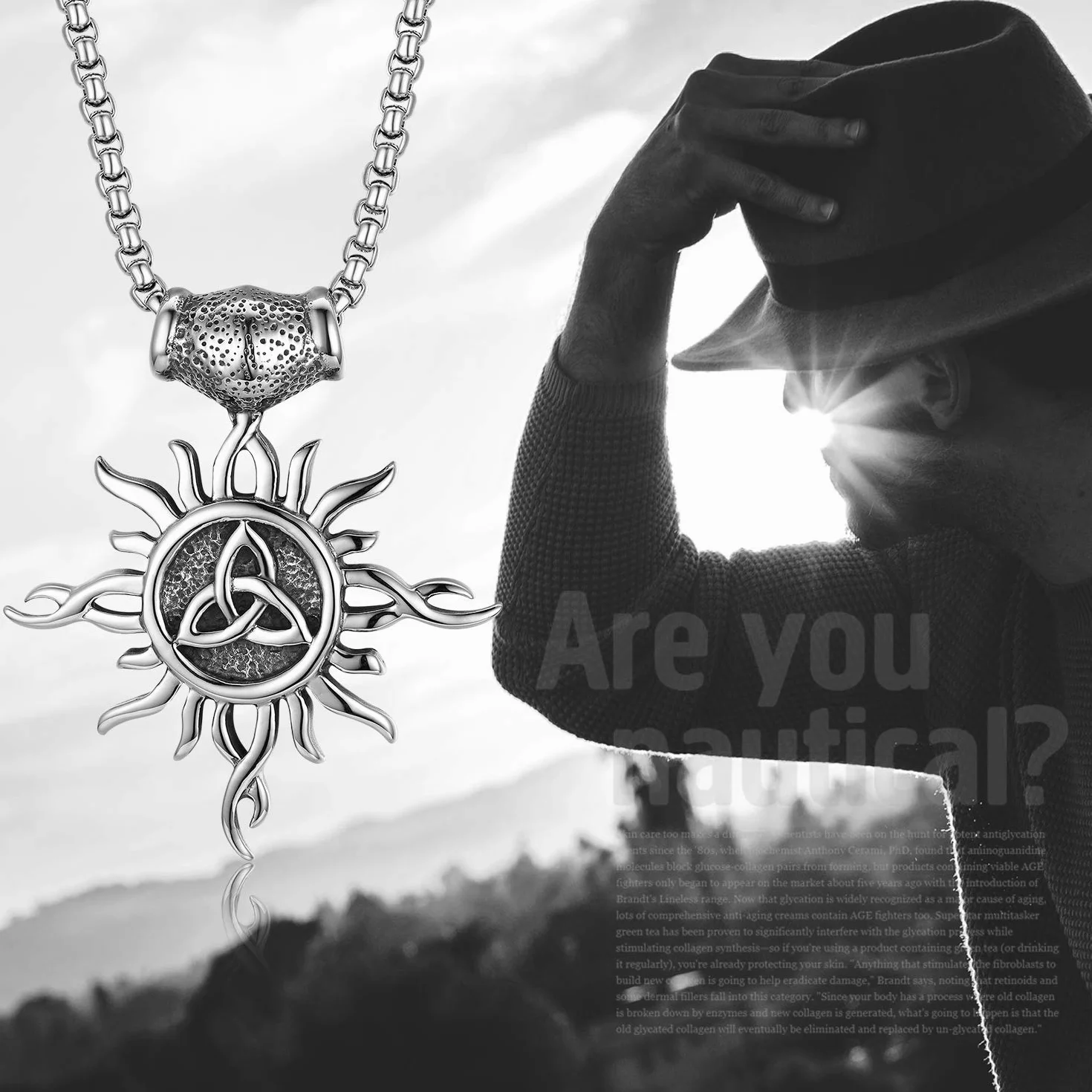 Flongo Męski łańcuszek ze stali nierdzewnej, wisiorek słońce celtycki węzeł triquetra