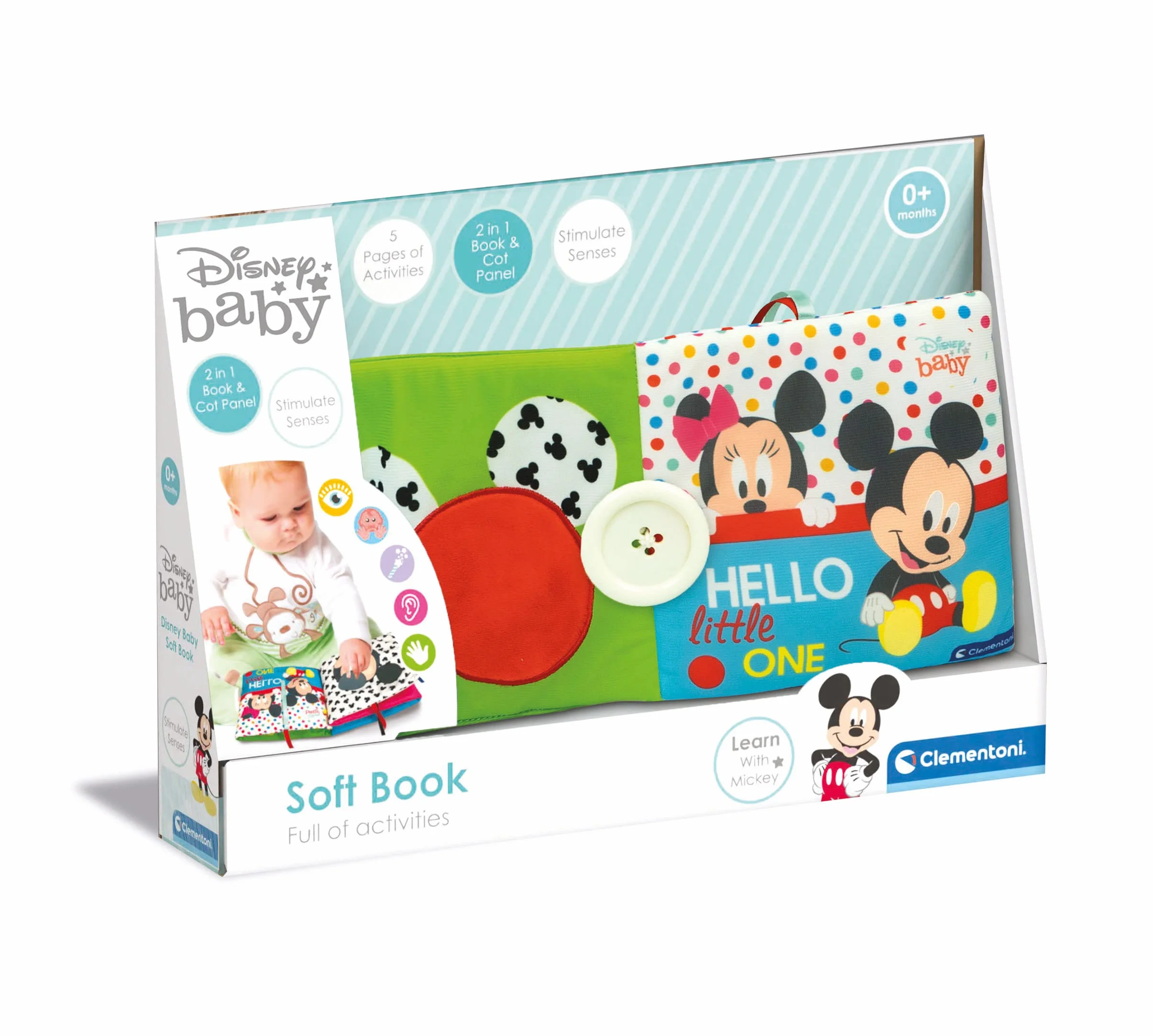 Clementoni Disney Baby pierwsze miesiące, stymulujące zmysły i praktyczność, miękka, sensoryczna książka z tkaniny, zabawka dla niemowląt 0+, 100% można prać w pralce, wielokolorowa, średnia, 17721