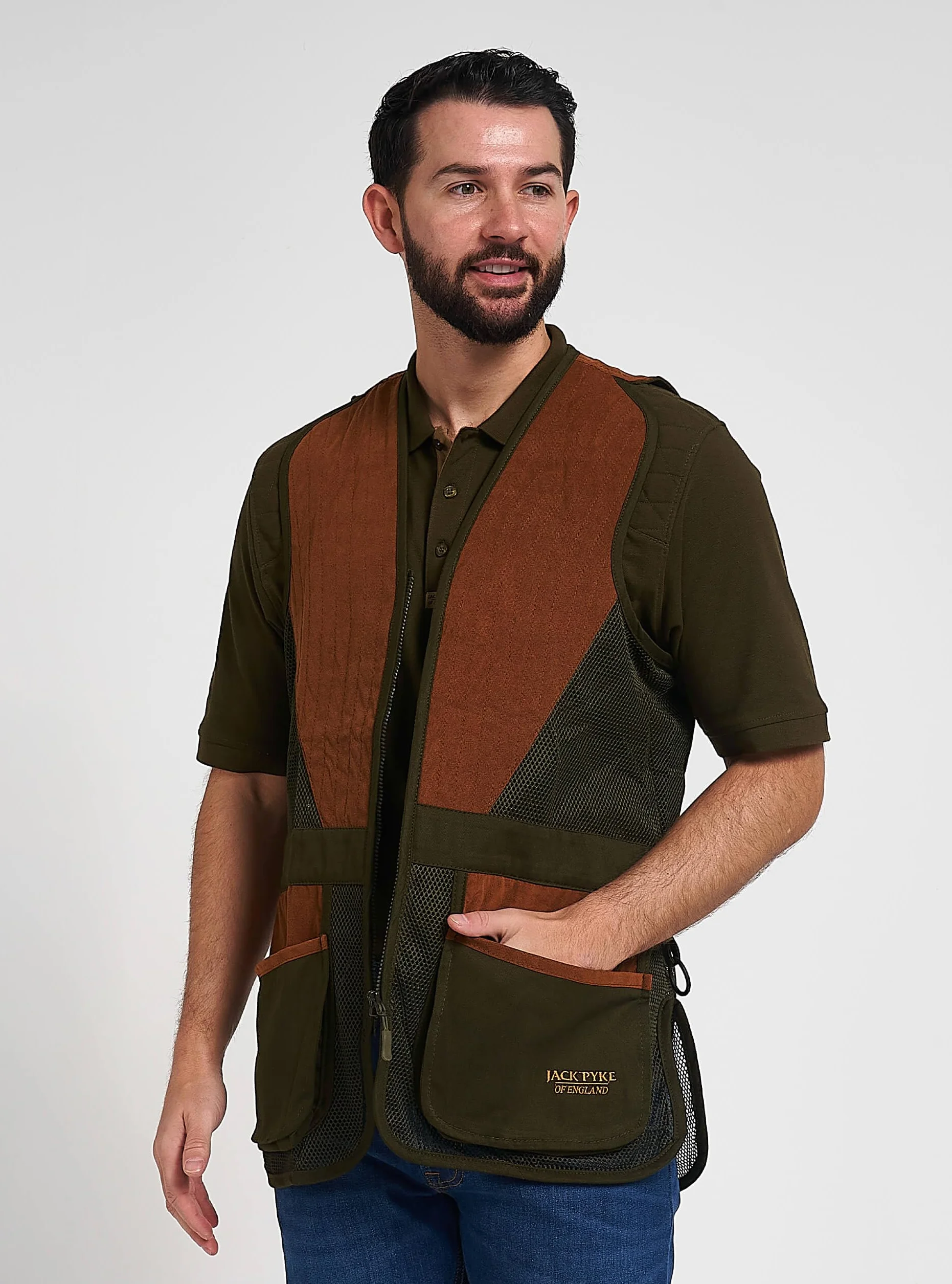 JACK PYKE Męska kamizelka Skeet – Clay Pigeon Shooting Vest z oddychającą siateczką, zamszowym wykończeniem i wieloma kieszeniami, lekka kurtka myśliwska, rozmiar S-3XL