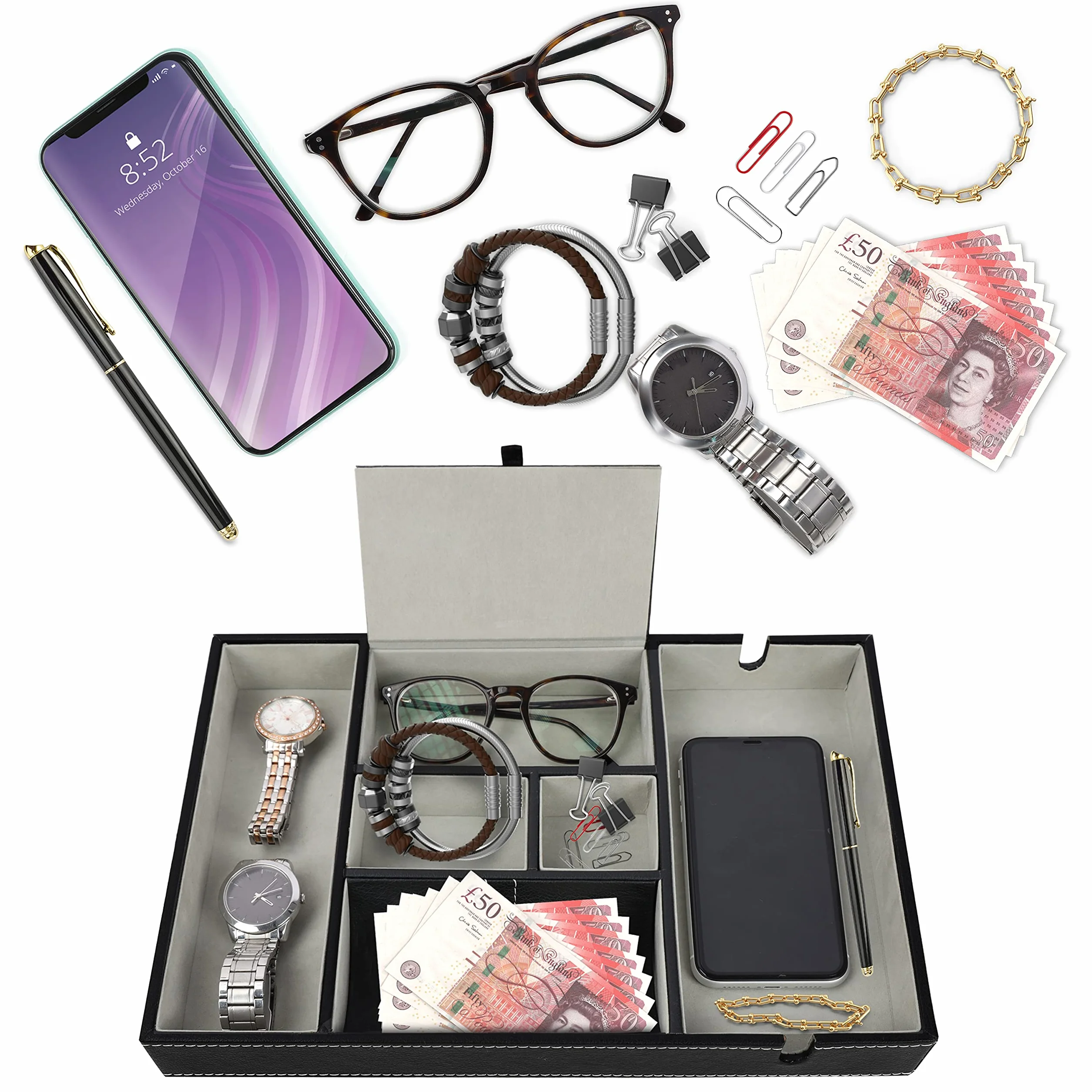 Belle Vous Organizer z 6 przegródkami, ze sztucznej skóry, tacka na biurko, na portfel, telefon, klucze, biżuterię, męskie akcesoria, pieniądze, spinki do mankietów, na stolik nocny, czarny