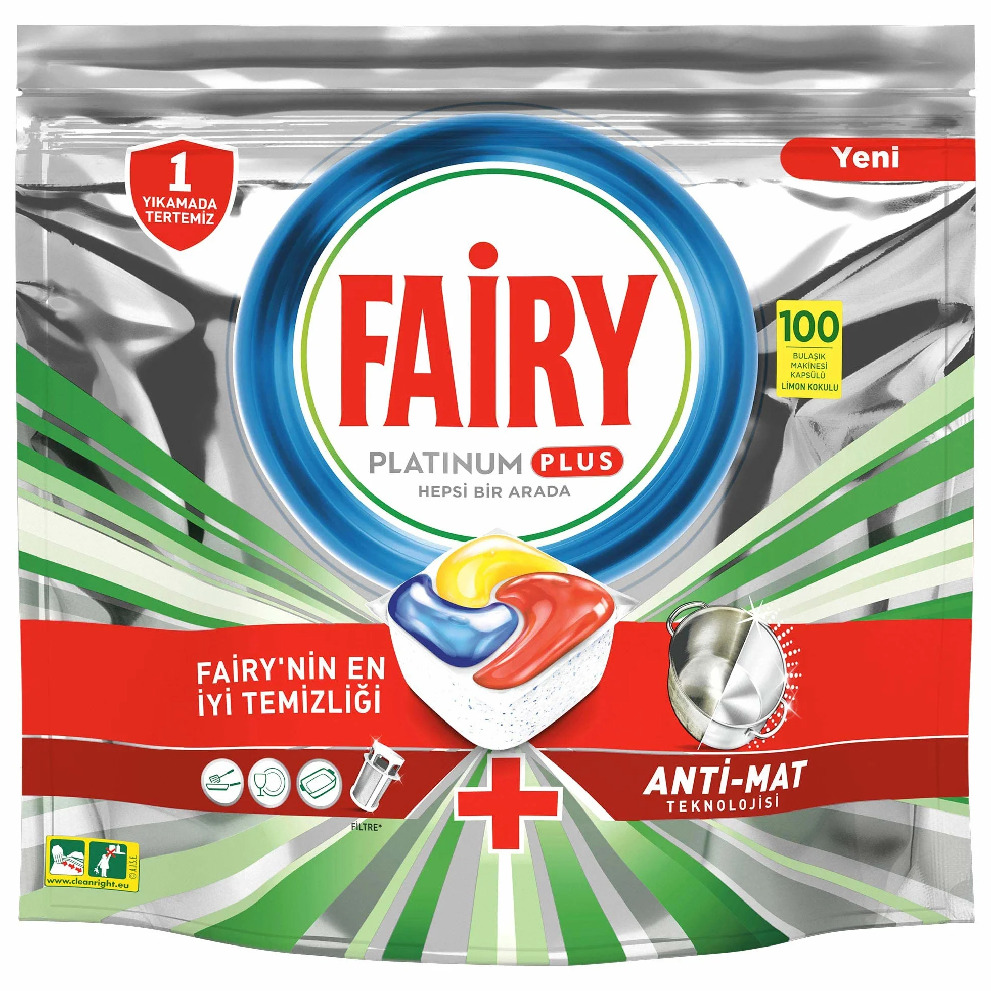 Fairy Platinum Plus All In One, Kapsułki do zmywarki, Lemon, 106 sztuk (2 x 53 szt.), Tabletki czyszczące