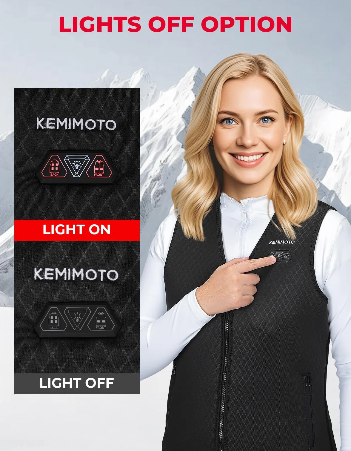 KEMIMOTO Ogrzewana kamizelka dla kobiet z 6 strefami ogrzewania, 3 poziomy, USB