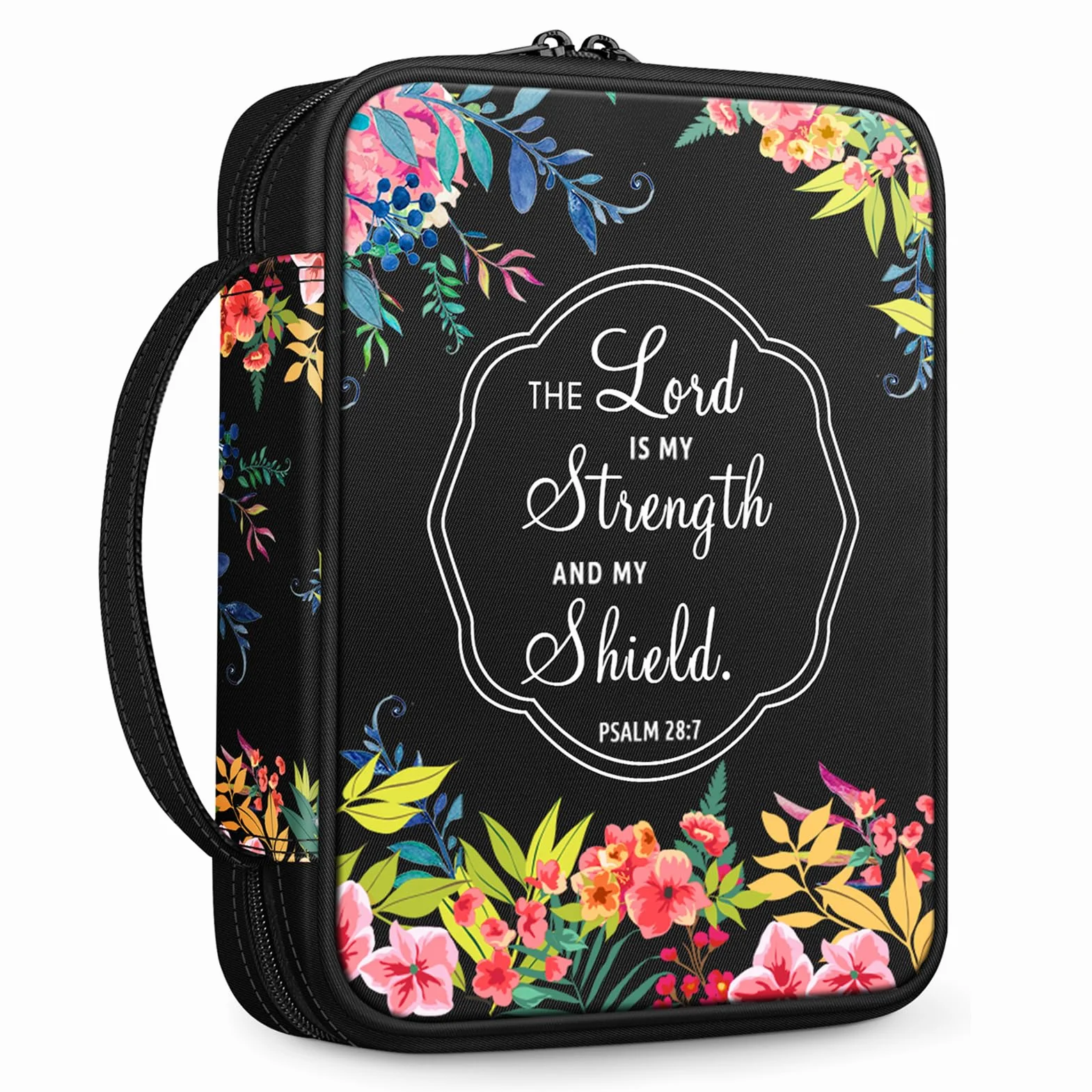 FINPAC Bible Cover, Carrying Book Case Church Bag Bible Protective with Handle and Zippered Pocket, Gift for Mother Lady Women Men, Floral Black