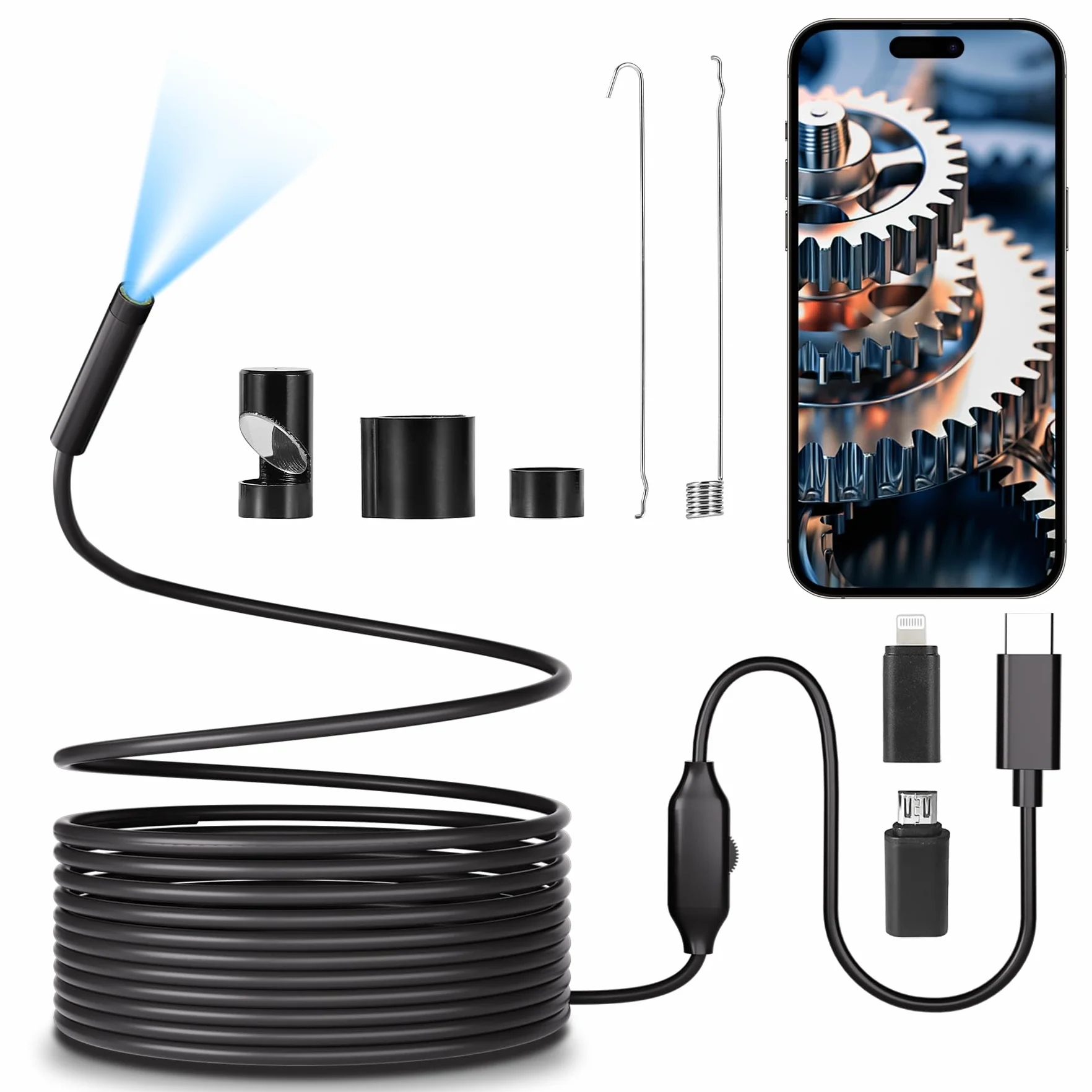 kamera endoskopowa z oświetleniem LED, Hofeny 1920p HD, kamera endoskopowa, telefon komórkowy, nie wymaga Wi-Fi, kamera inspekcyjna, kamera kanałowa, kamera endoskopowa boreskop, wodoszczelna