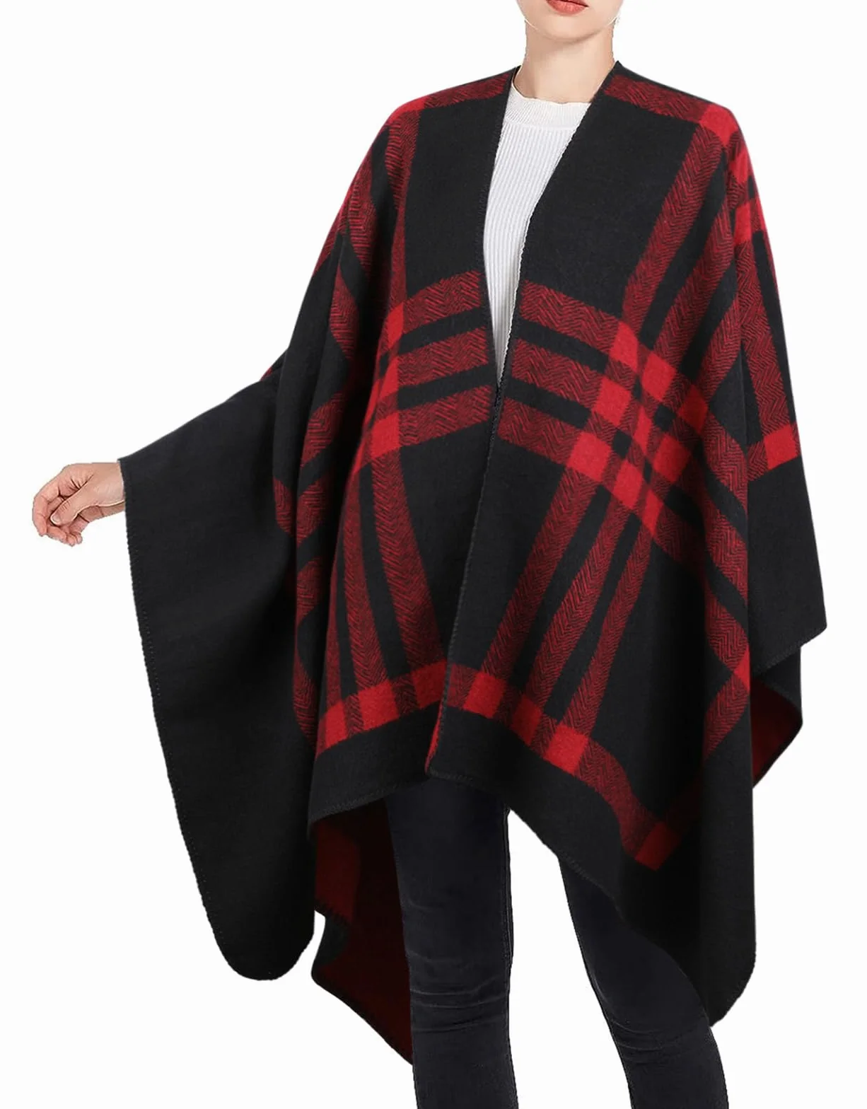 Genfien Damski szal owijany ponczo peleryna odwracalny ponczo szal owijany kardigany dla kobiet modny elegancki dzianinowy jesienny wełniany szalik w kratę płaszcz
