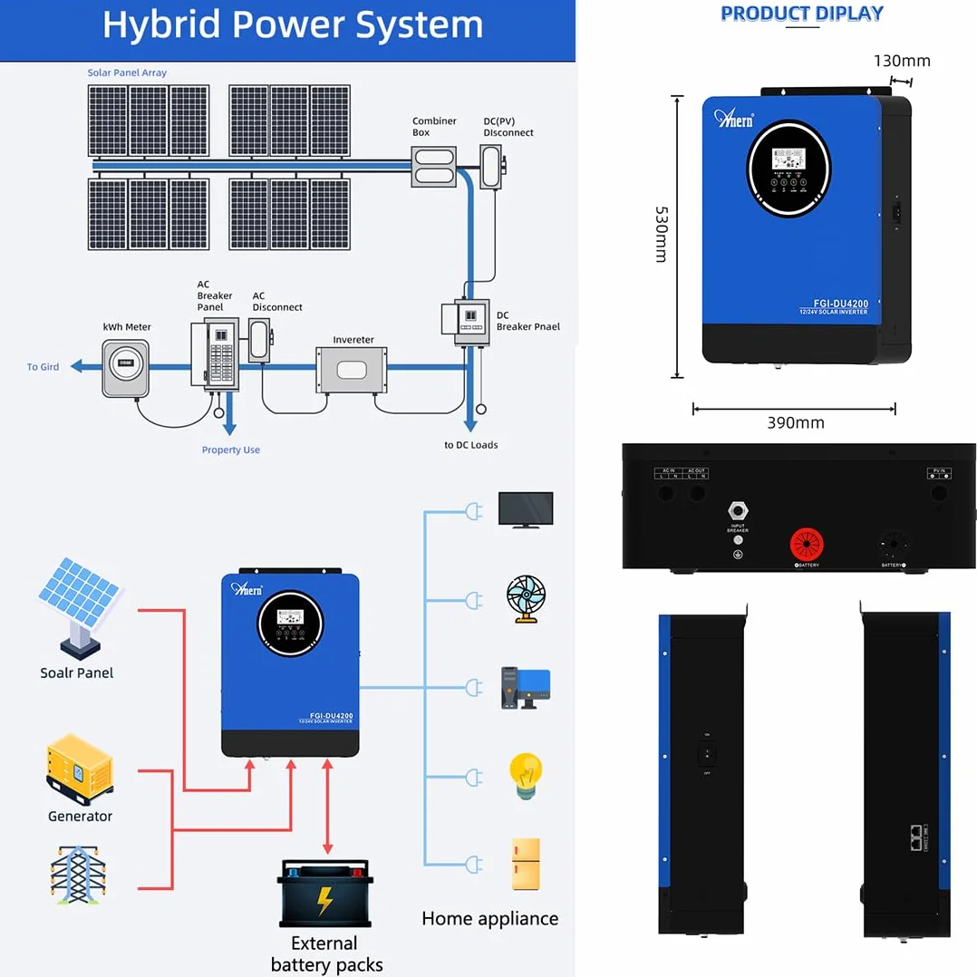 Anern Solarny Hybrydowy Falownik 2kw 4kw DC 12v/24v Do AC 220v/230v, PodwóJne NapięCie, Off-Grid Falownik Sinusoidalny Z łAdowarką SłOneczną 100 A Mppt,PV55V-500VDC, Komunikacja Bms Z Baterią