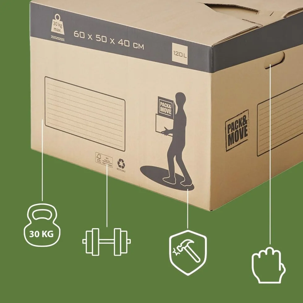 Zestaw 10 kartonów do przeprowadzki z automatycznym dnem - 60x50x40cm - Wyprodukowano we Francji - maksymalne obciążenie 30KG / 120L - certyfikat FSC 70%