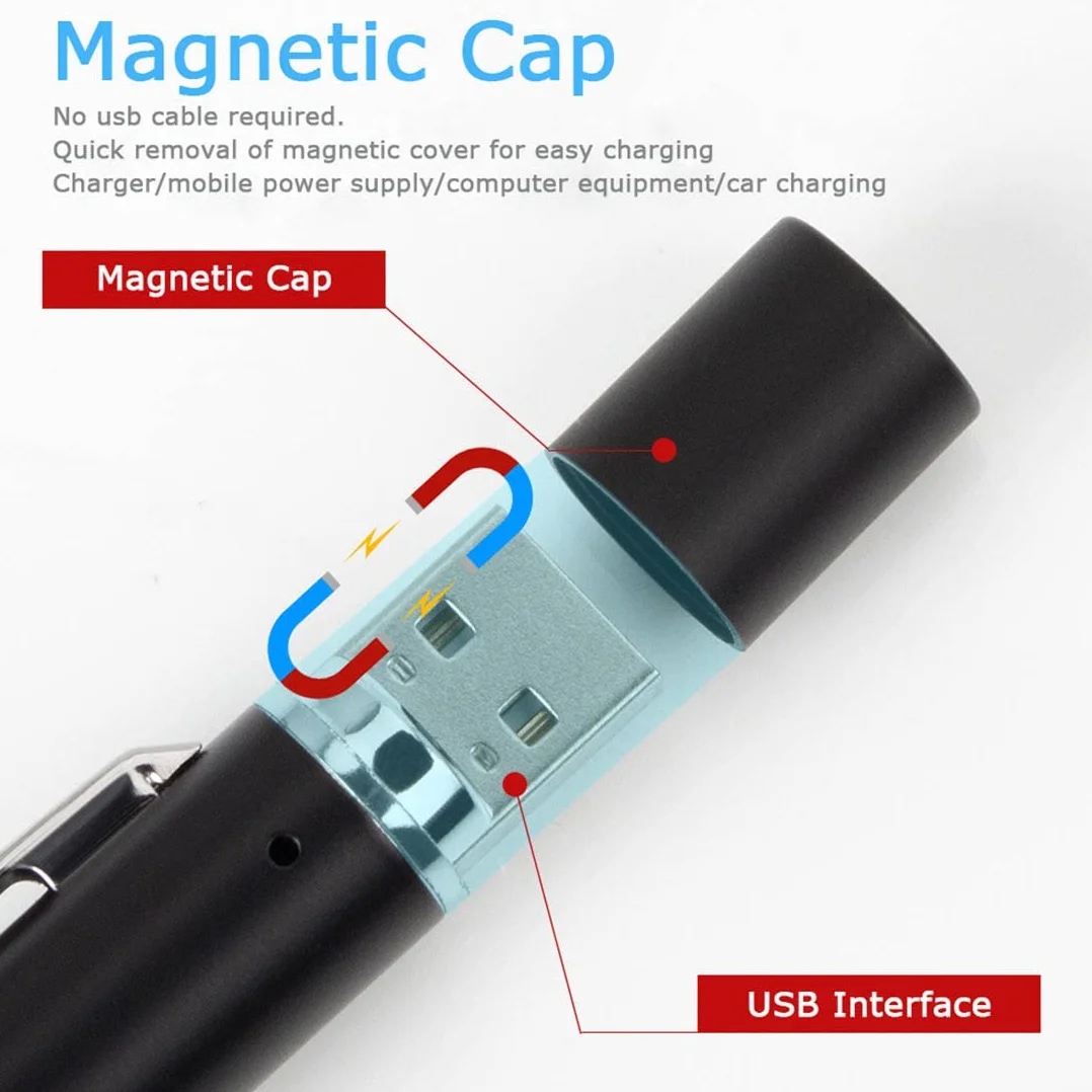 LEKIA 2 x medyczna latarka na długopisy USB do ładowania, dla pielęgniarek, studentów, lekarzy, mini latarka z 2 źródłami LED, magnetyczna nasadka, klips kieszonkowy
