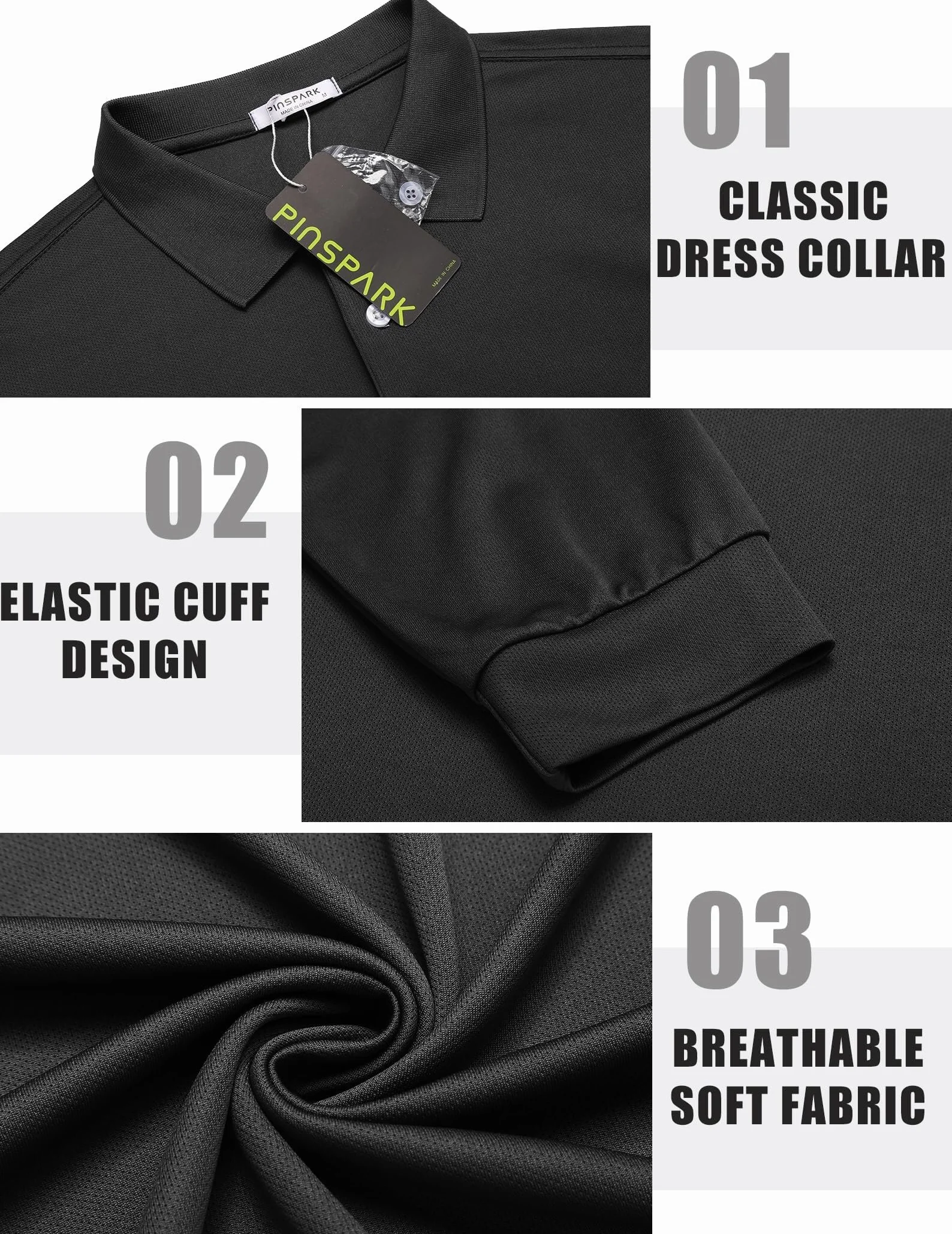 PINSPARK Męska koszulka polo z długim rękawem UPF 50+ szybkoschnąca oddychająca