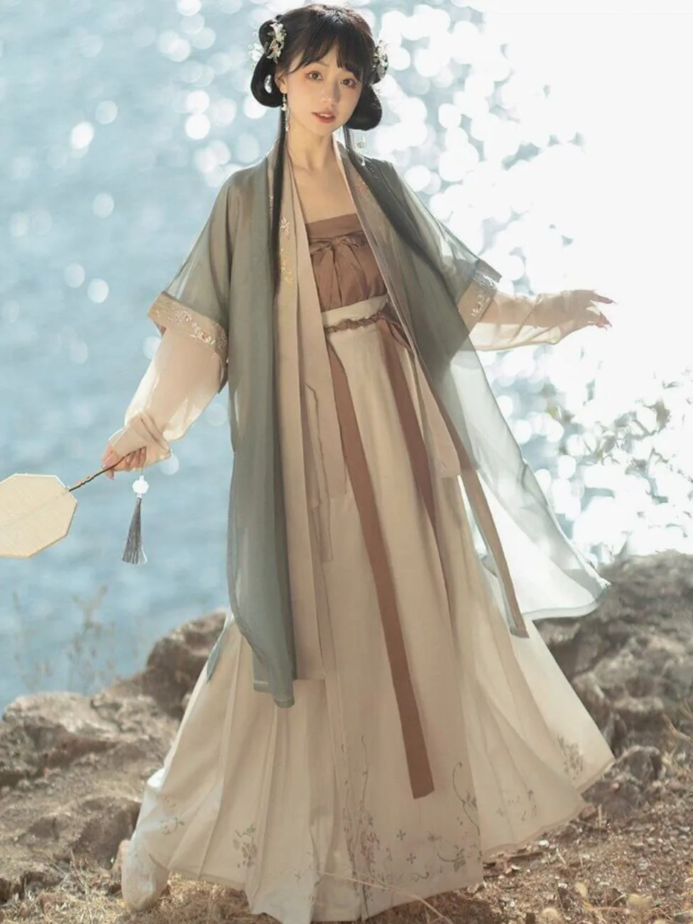 Chińska sukienka Hanfu 4 szt. zestaw herbata zielona płynąca sukienka maxi chińskie starożytne kobiety