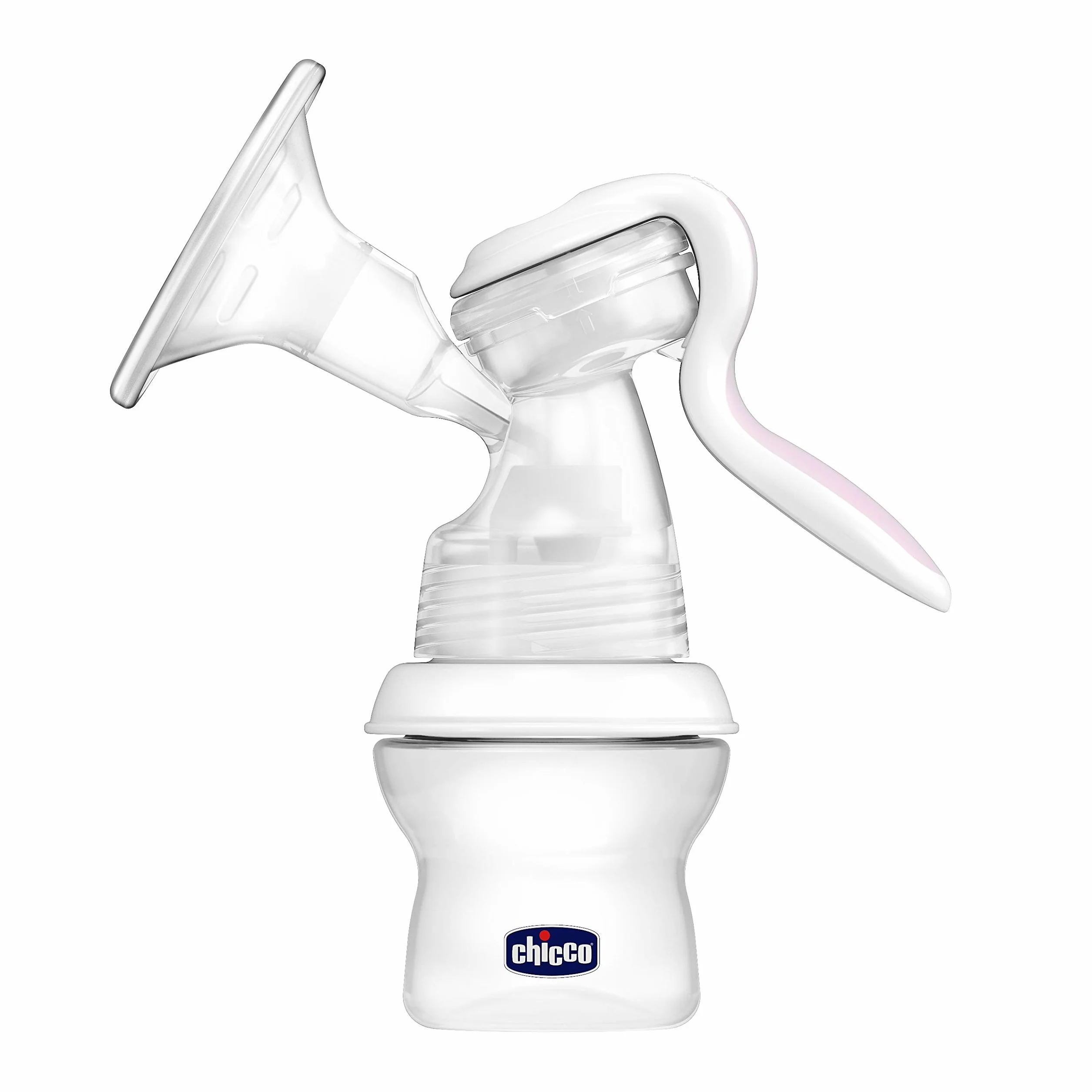 Chicco Laktator Manualny Natural Feeling, Wygodny i Szybki Laktator, Łatwe Odciąganie Mleka, Ergonomiczny Kształt, z Zakrzywionym Smoczkiem w Zestawie, z Pokrywką, Butelka dla Niemowląt - 150 ml