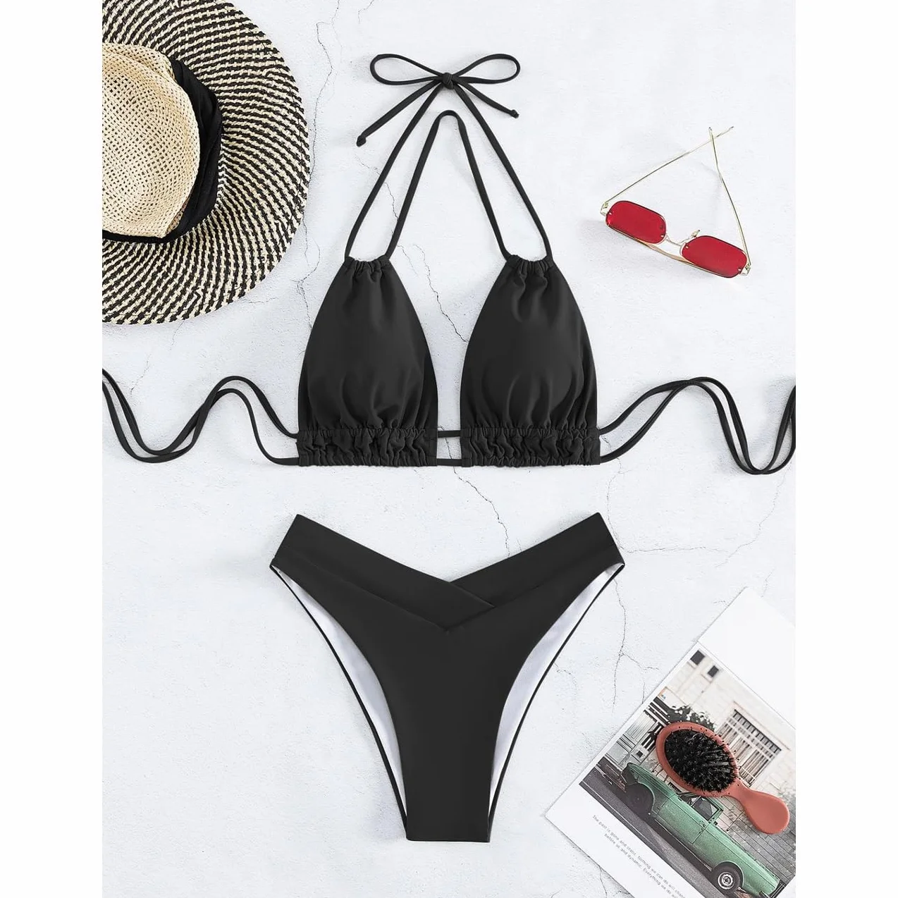 Damski zestaw bikini, z kołnierzem, wyszczuplający dekolt, strój kąpielowy, dwuczęściowy kostium kąpielowy, push up, wysoka talia, seksowny strój kąpielowy