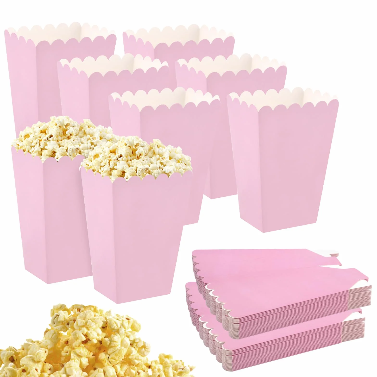 Pudełka na popcorn, 48 sztuk, małe różowe pudełka na popcorn, pojemniki na popcorn, torebki na popcorn, cukierki, przekąski, popcorn i cukierki do teatru, kina i karnawału