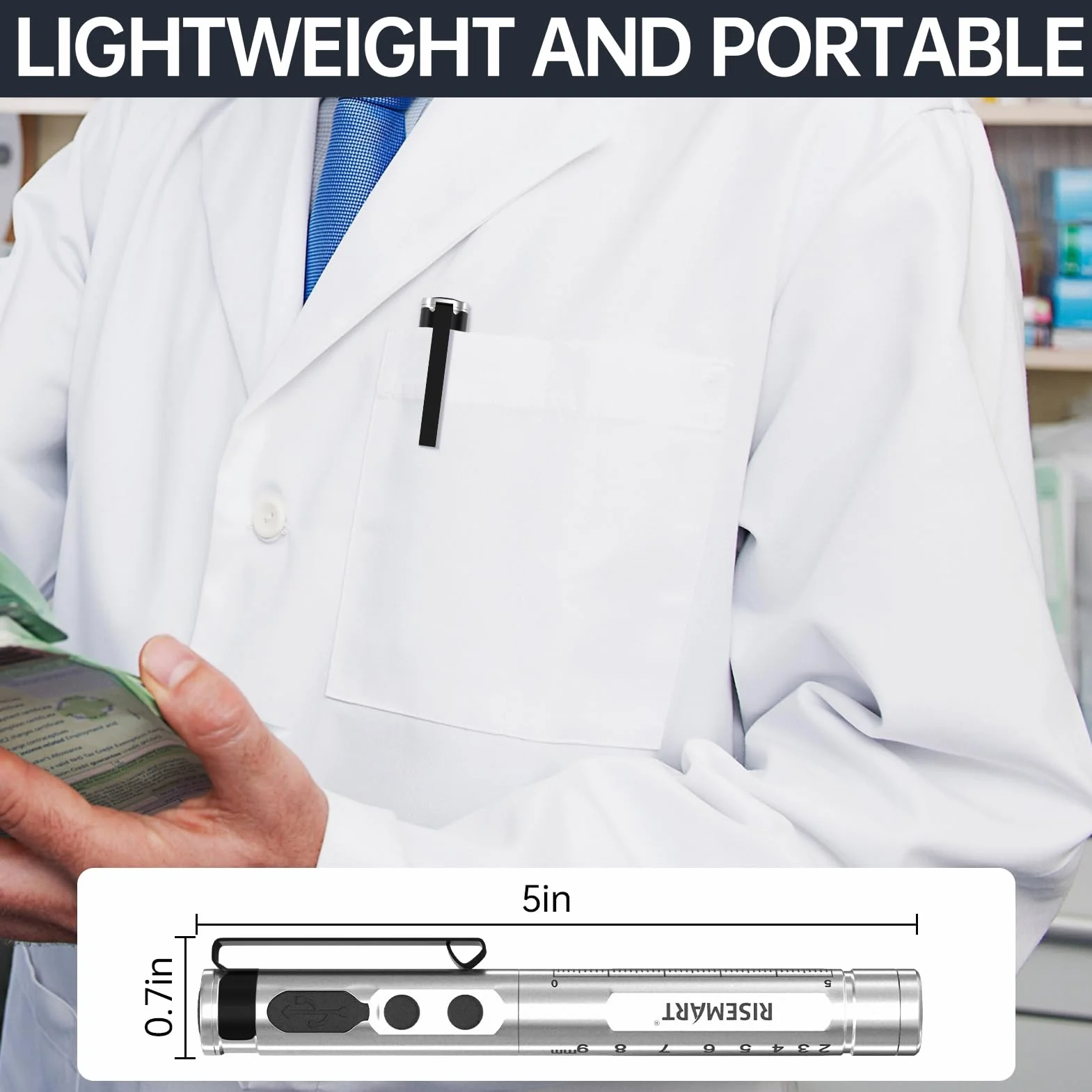Lampa diagnostyczna, ładowalna lampa źrenicy LED, kabel USB, ciepła / zimna biel i bezstopniowe ściemnianie, przenośna, aluminiowa, medyczna lampa źrenicy z klipsem (sliber)