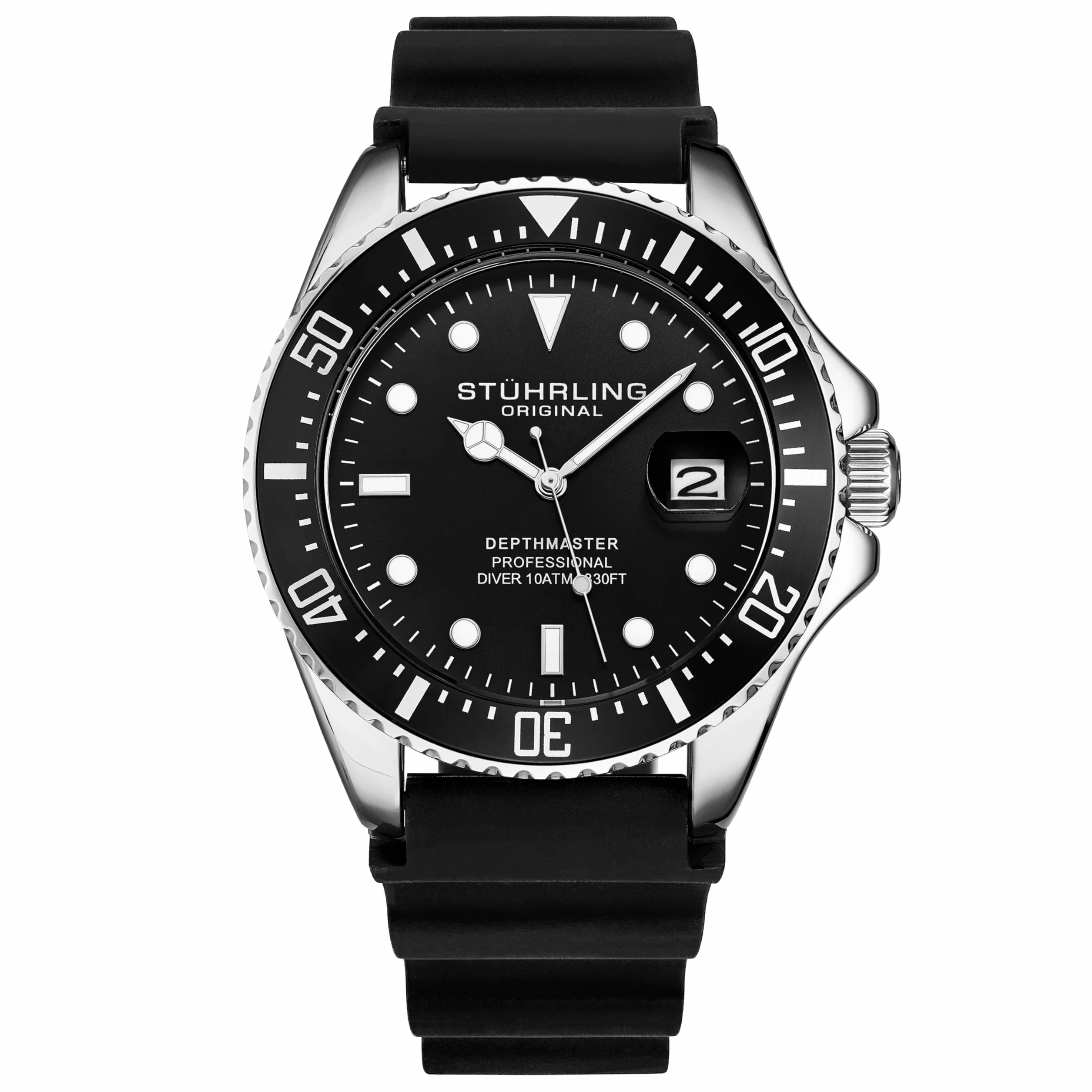 Stuhrling Oryginalny męski zegarek do nurkowania, srebrny 42 mm, obudowa z zakręcaną koroną, gumowy pasek, wodoodporny do 90 cm